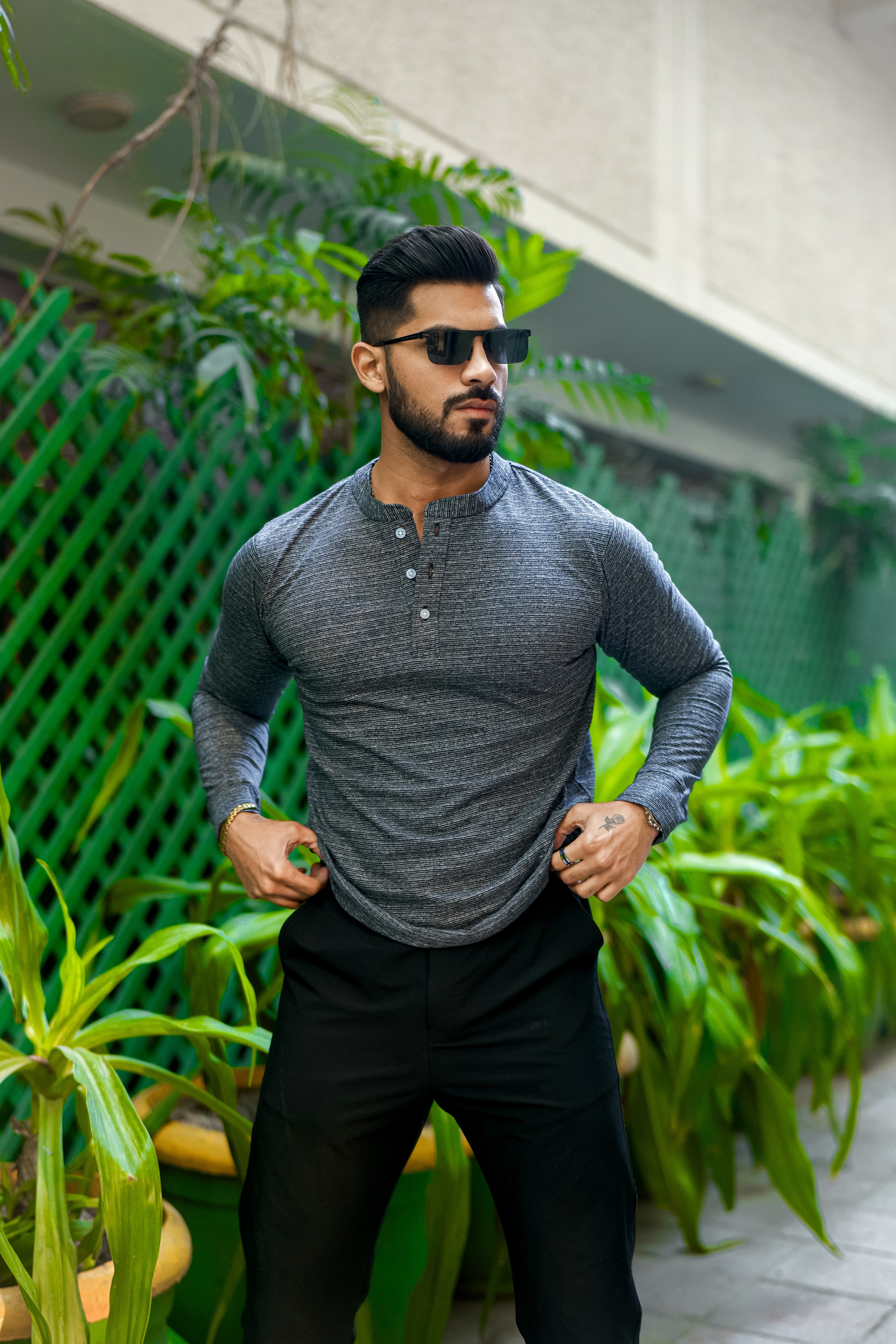 Blue Self Design Henley T-Shirt