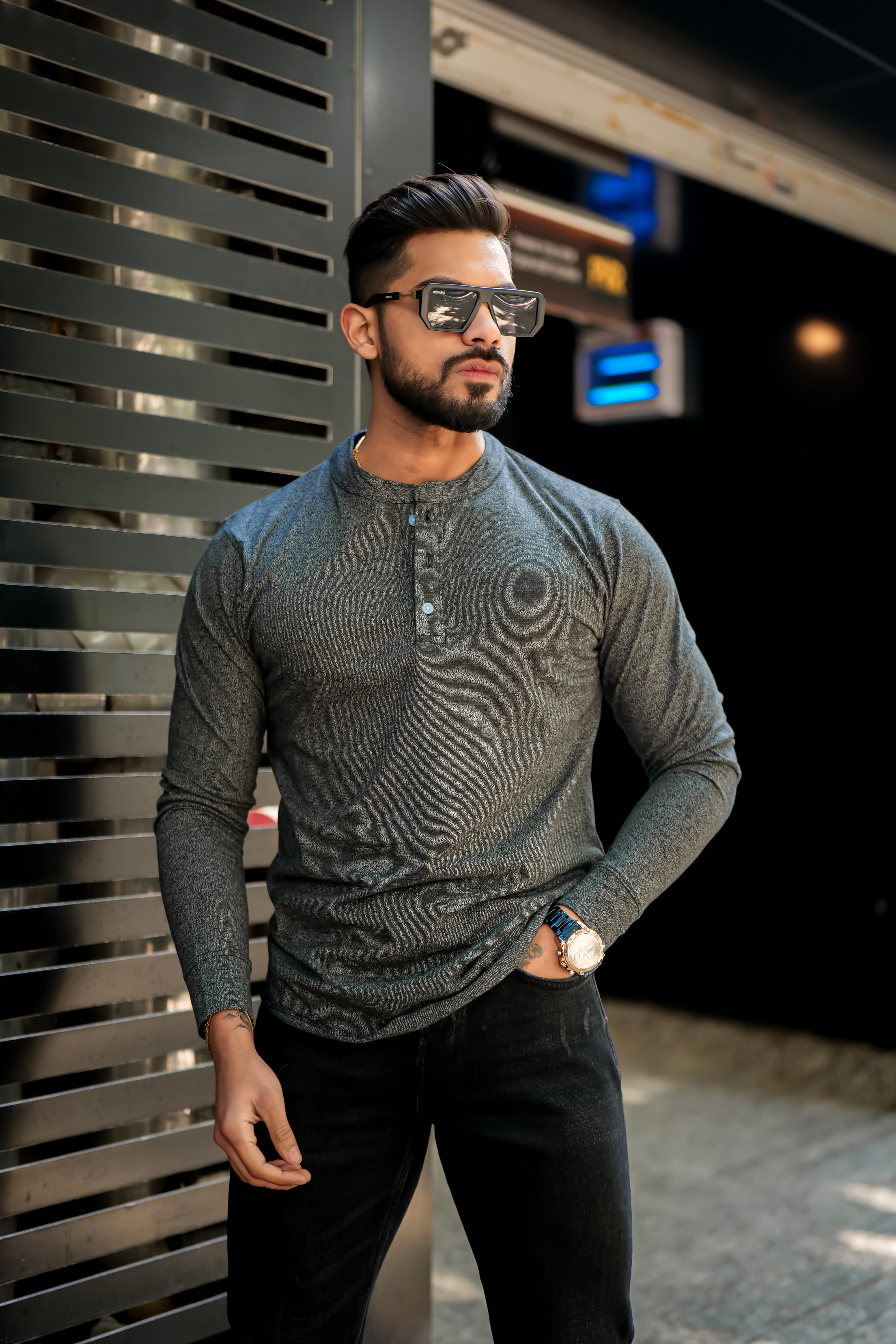 Charcoal Grey Self Design Henley T-Shirt