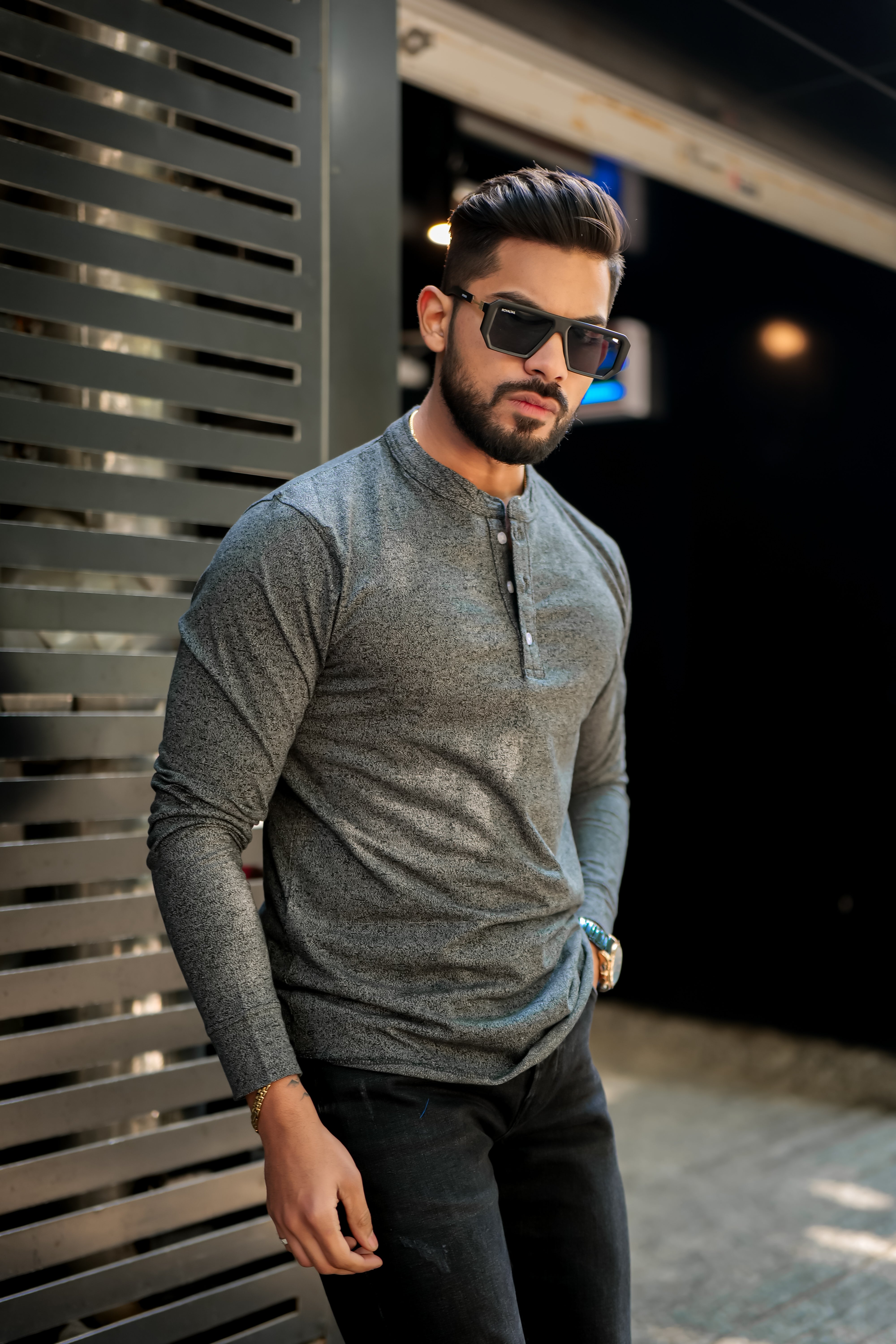 Charcoal Grey Self Design Henley T-Shirt