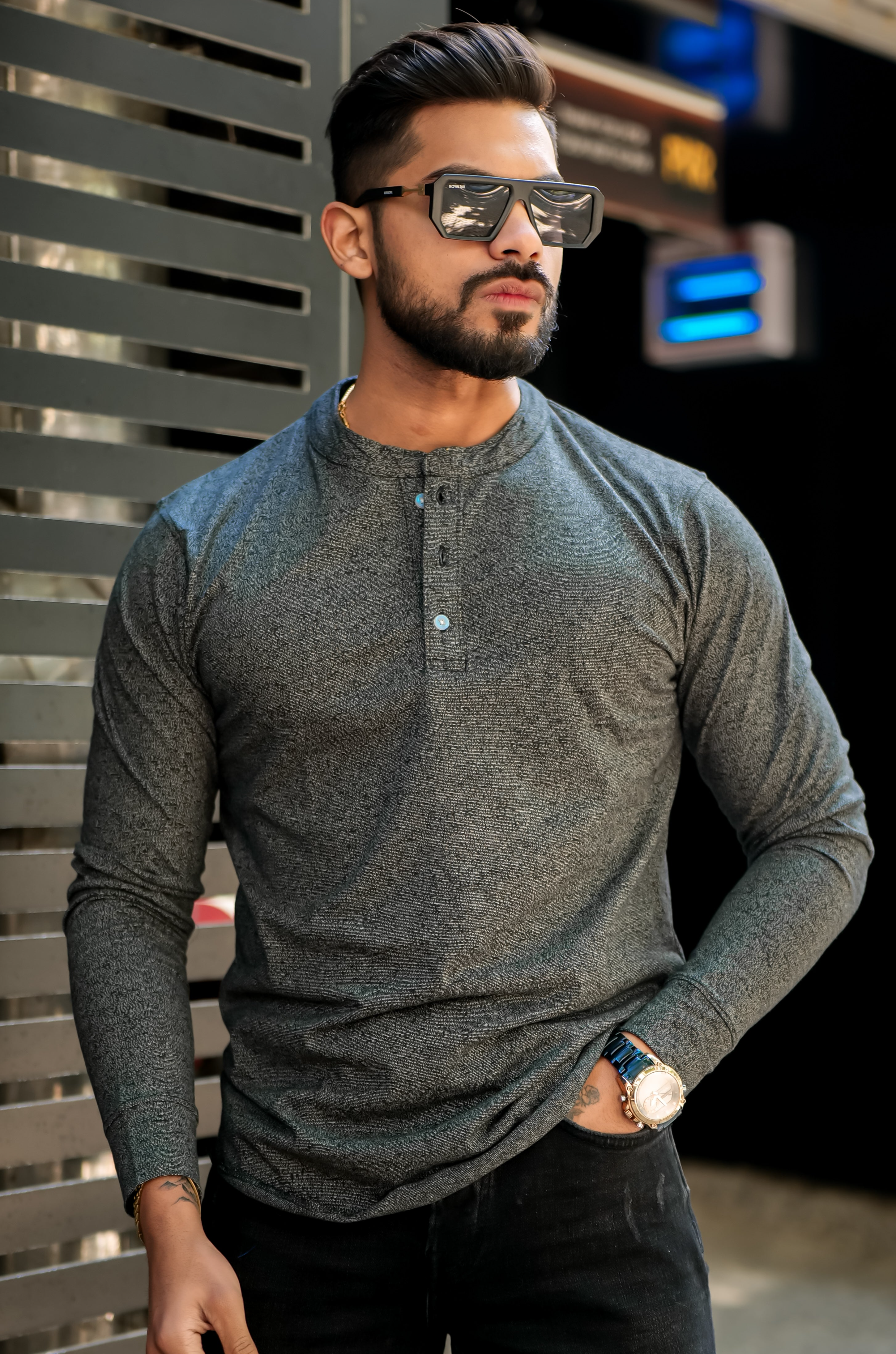 Charcoal Grey Self Design Henley T-Shirt