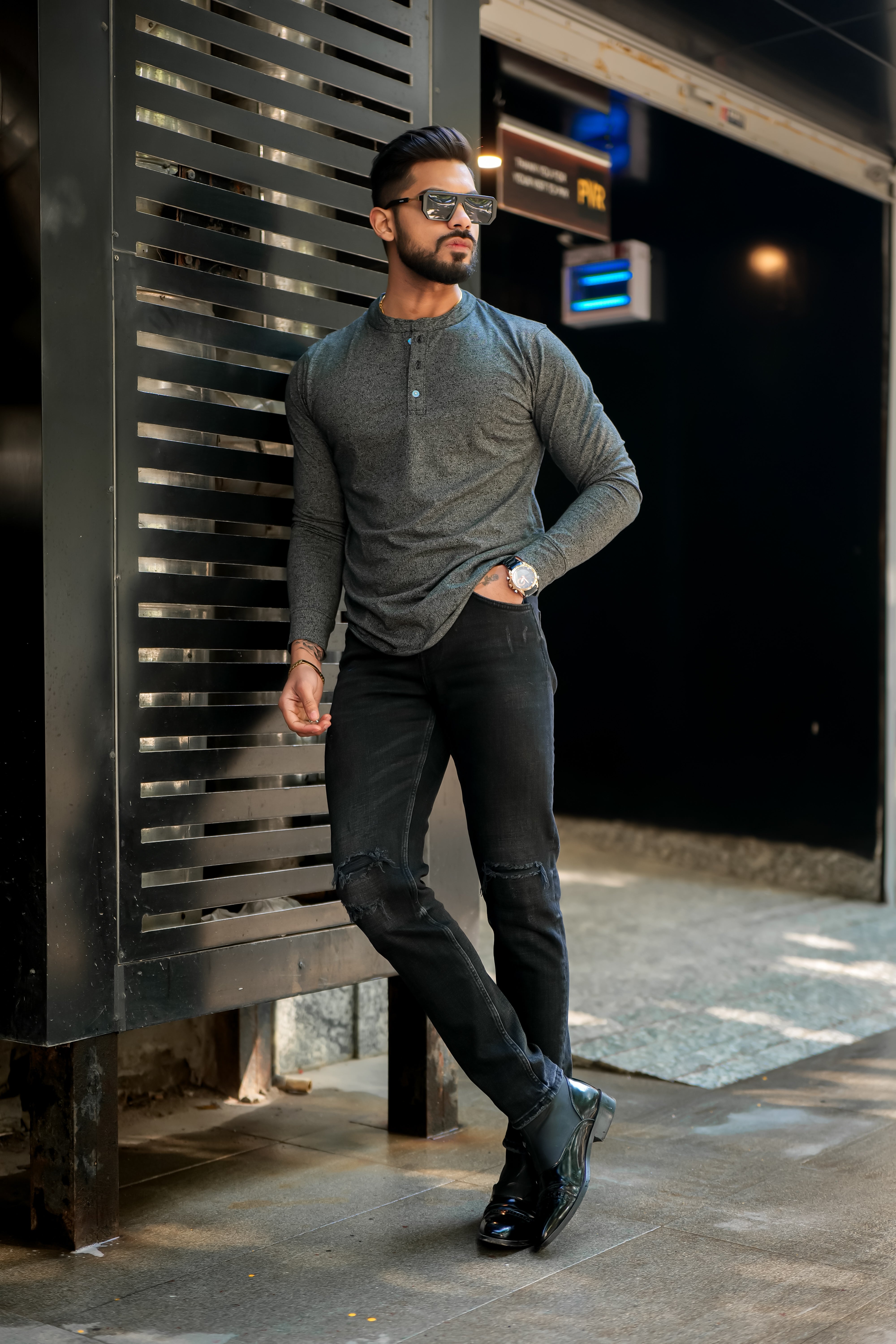 Charcoal Grey Self Design Henley T-Shirt