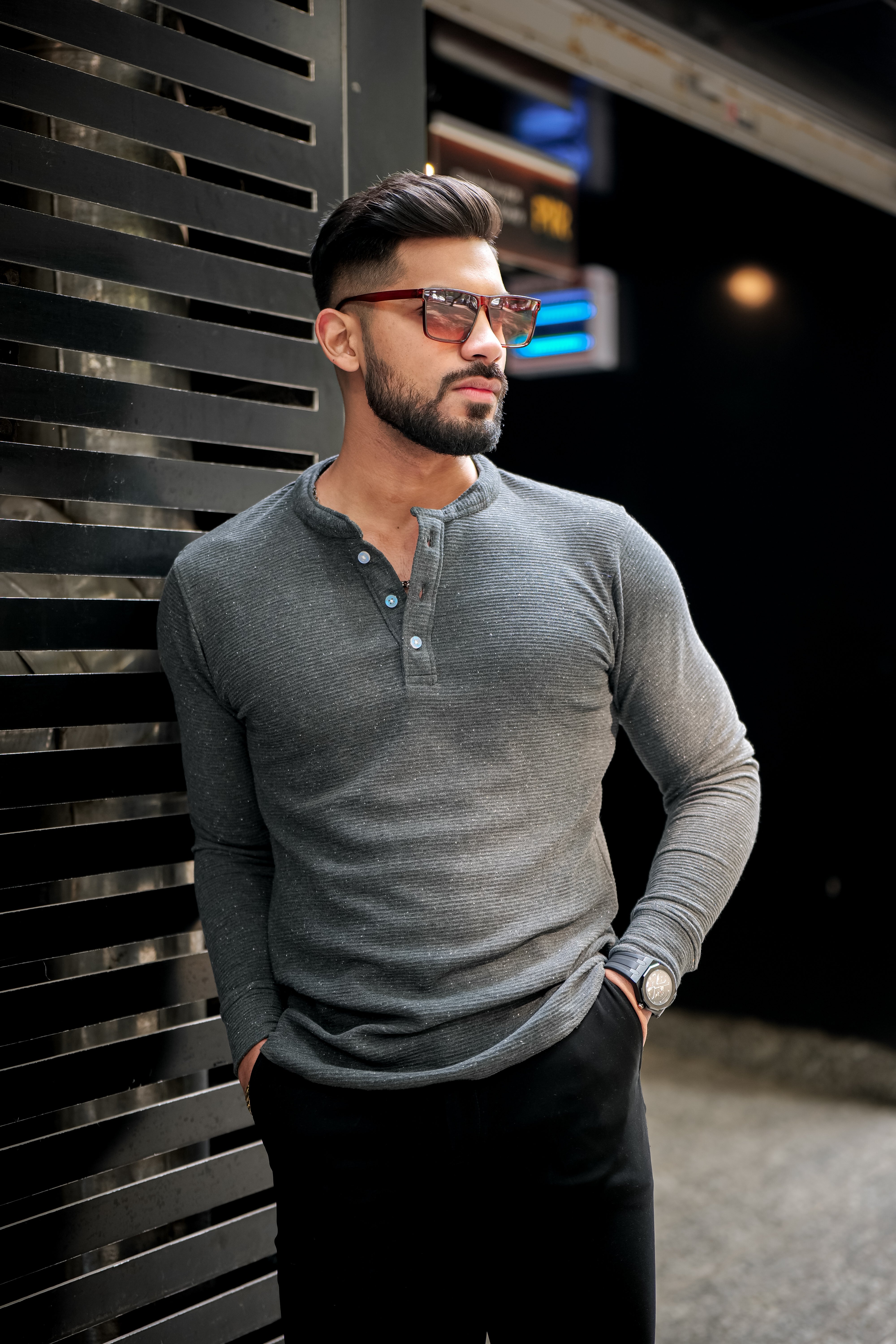 Anthra Melange Waffle Knit Henley T-Shirt