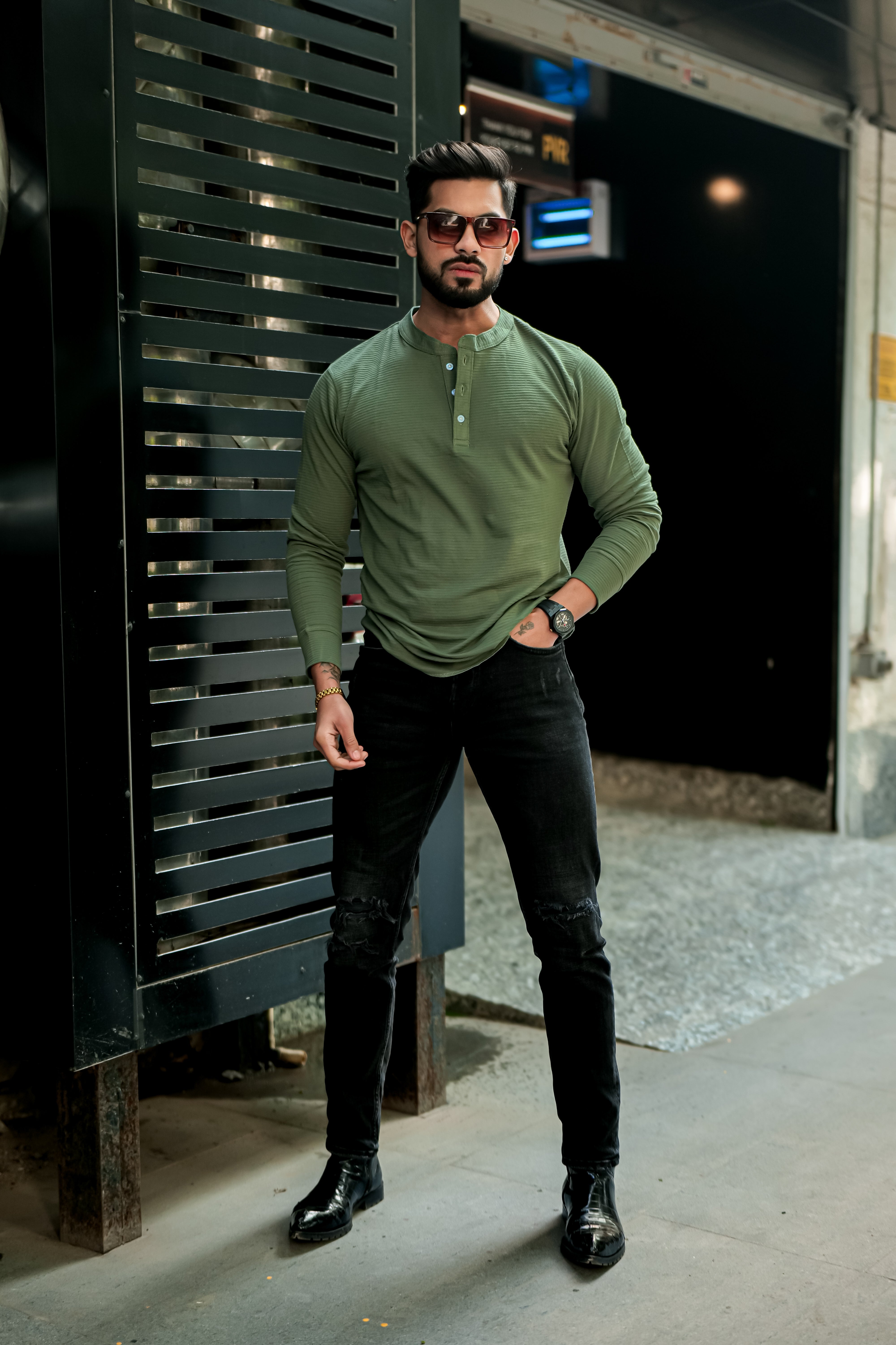 Olive Self Design Henley T-Shirt