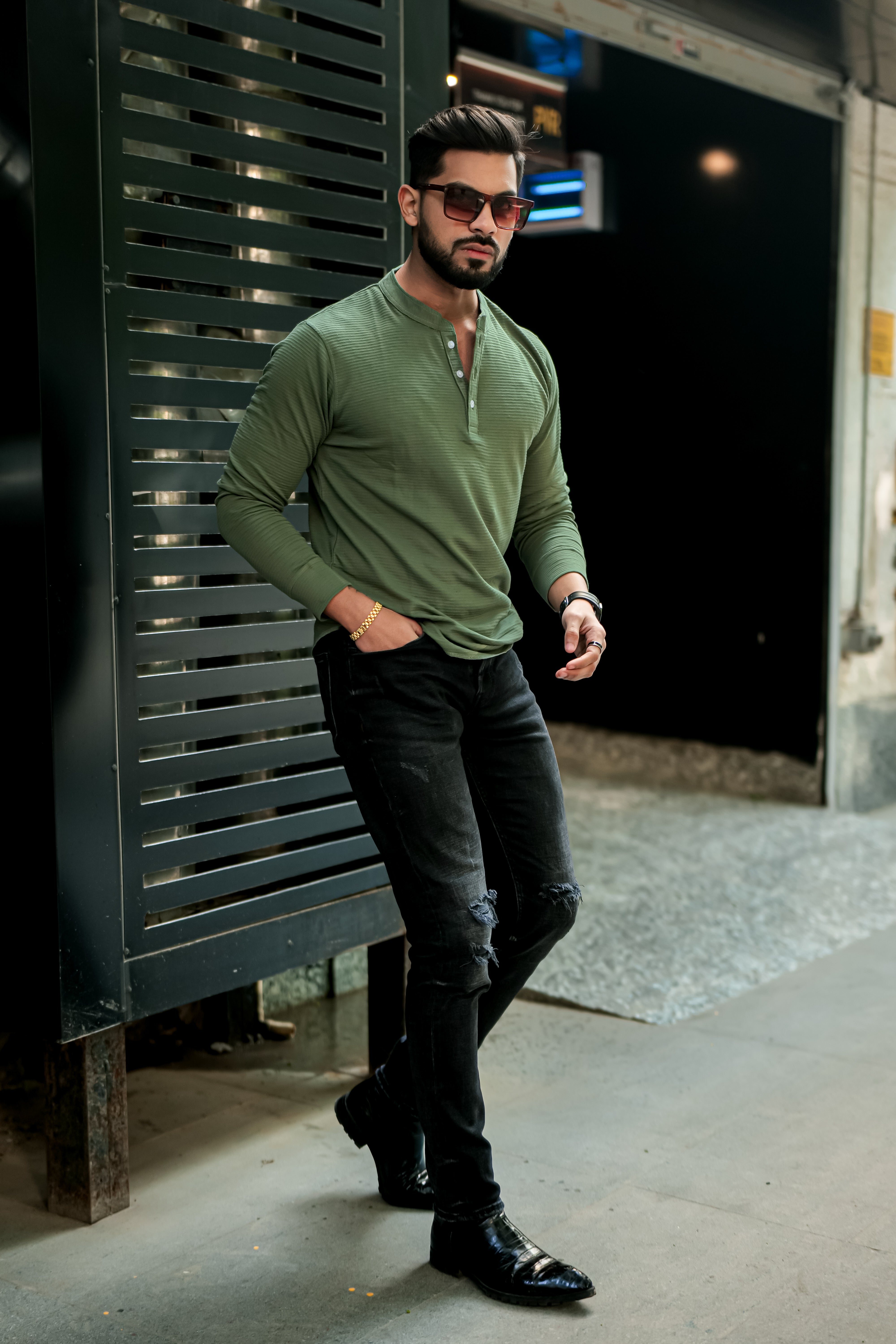 Olive Self Design Henley T-Shirt