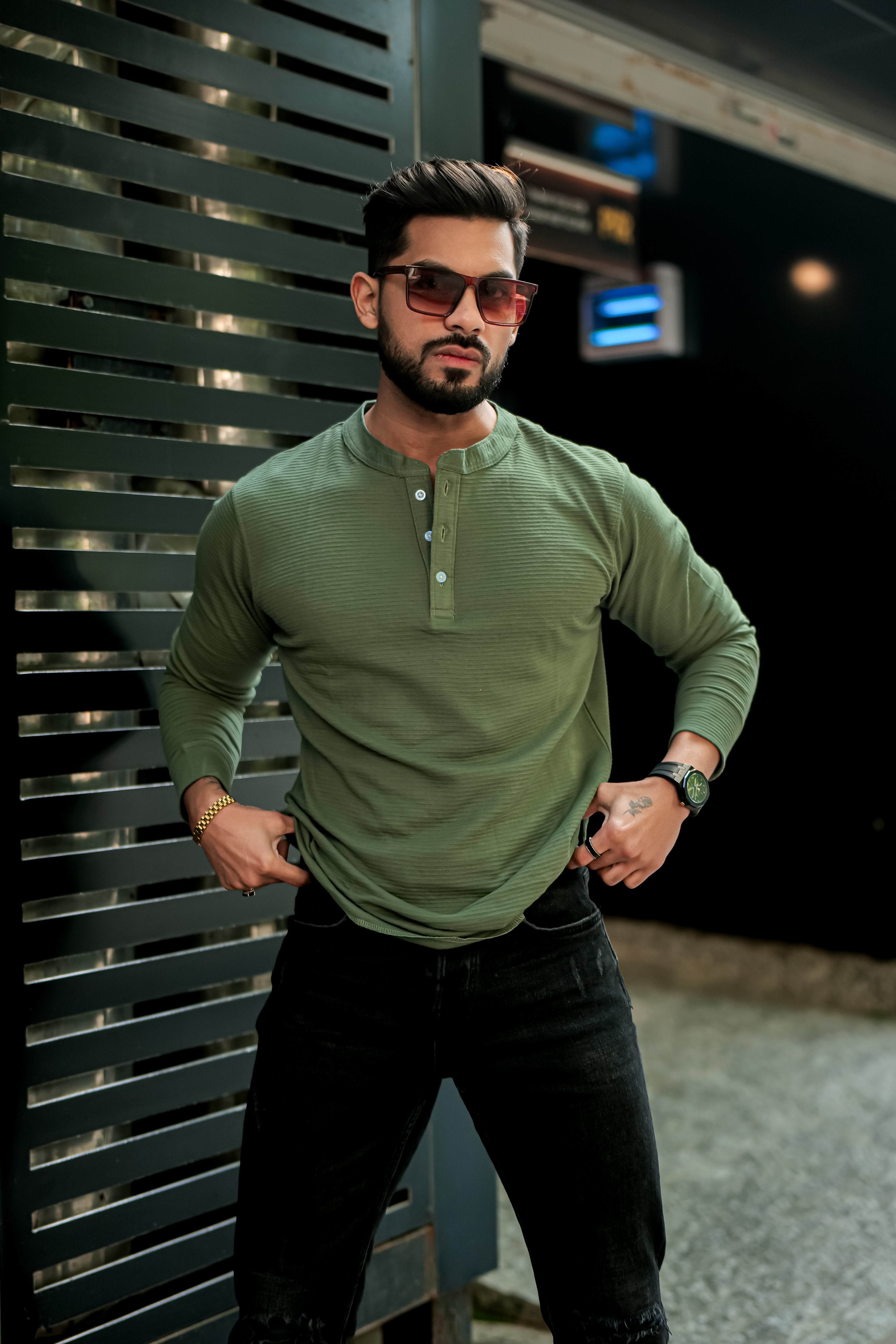 Olive Self Design Henley T-Shirt