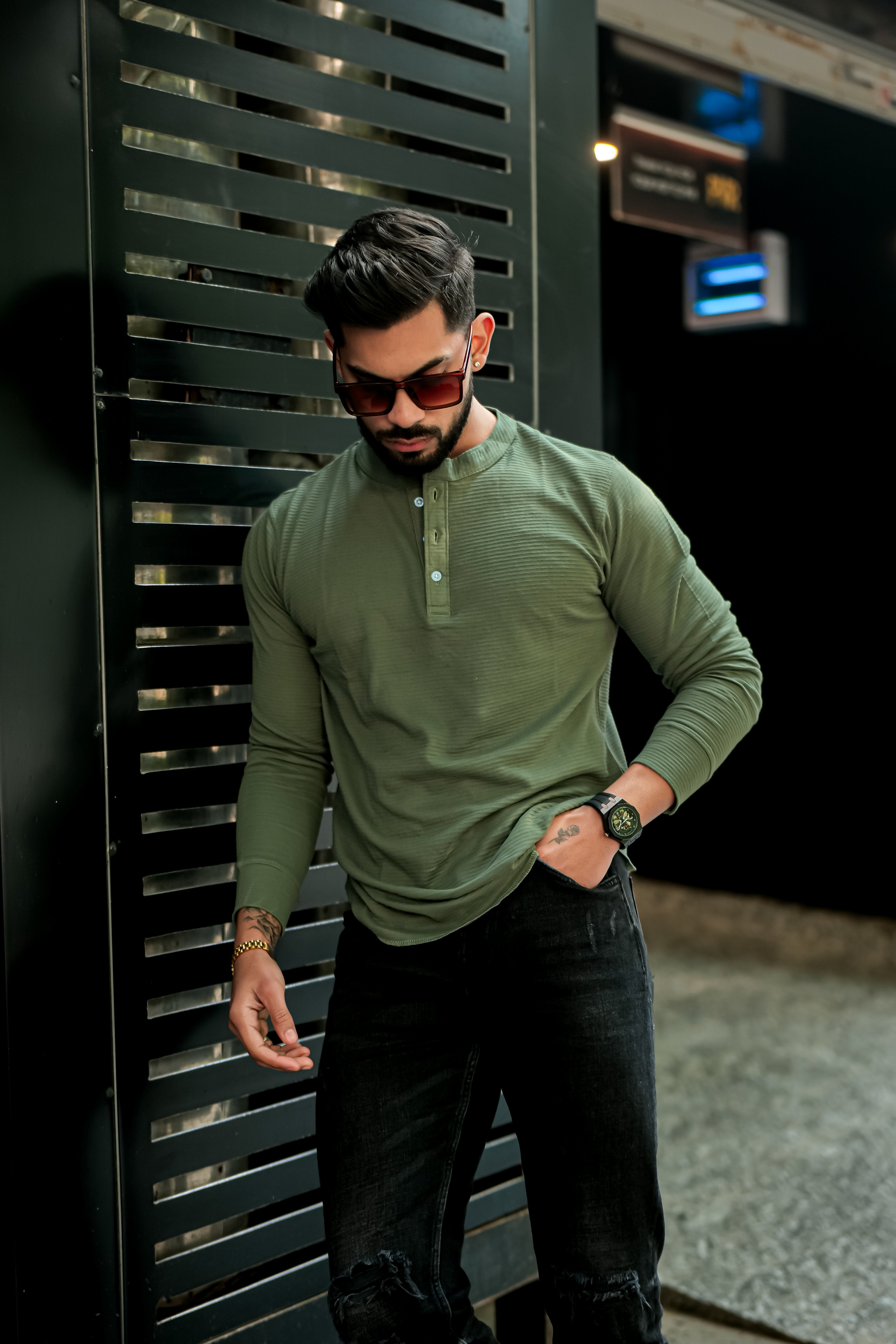 Olive Self Design Henley T-Shirt