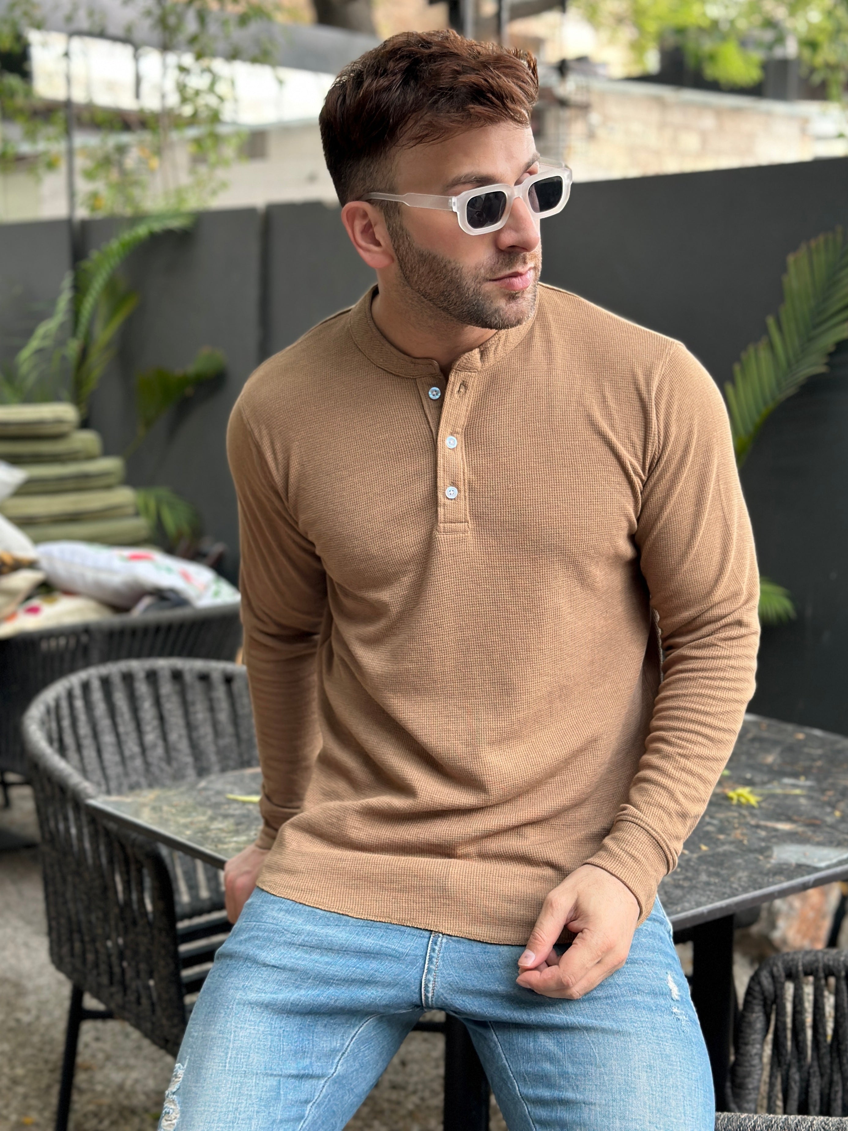 Brown Self Design Waffle Knit Henley T-Shirt