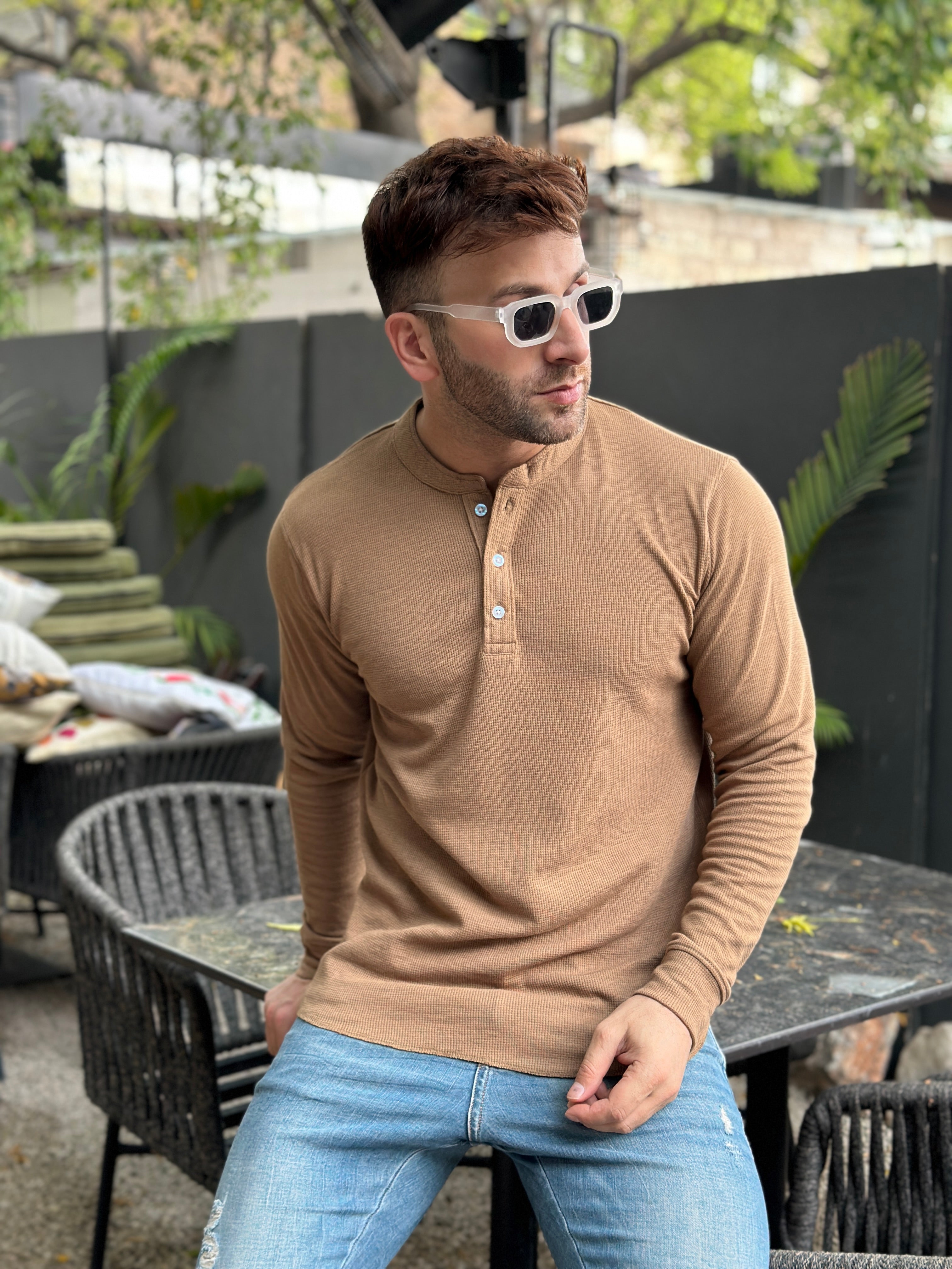 Brown Self Design Waffle Knit Henley T-Shirt