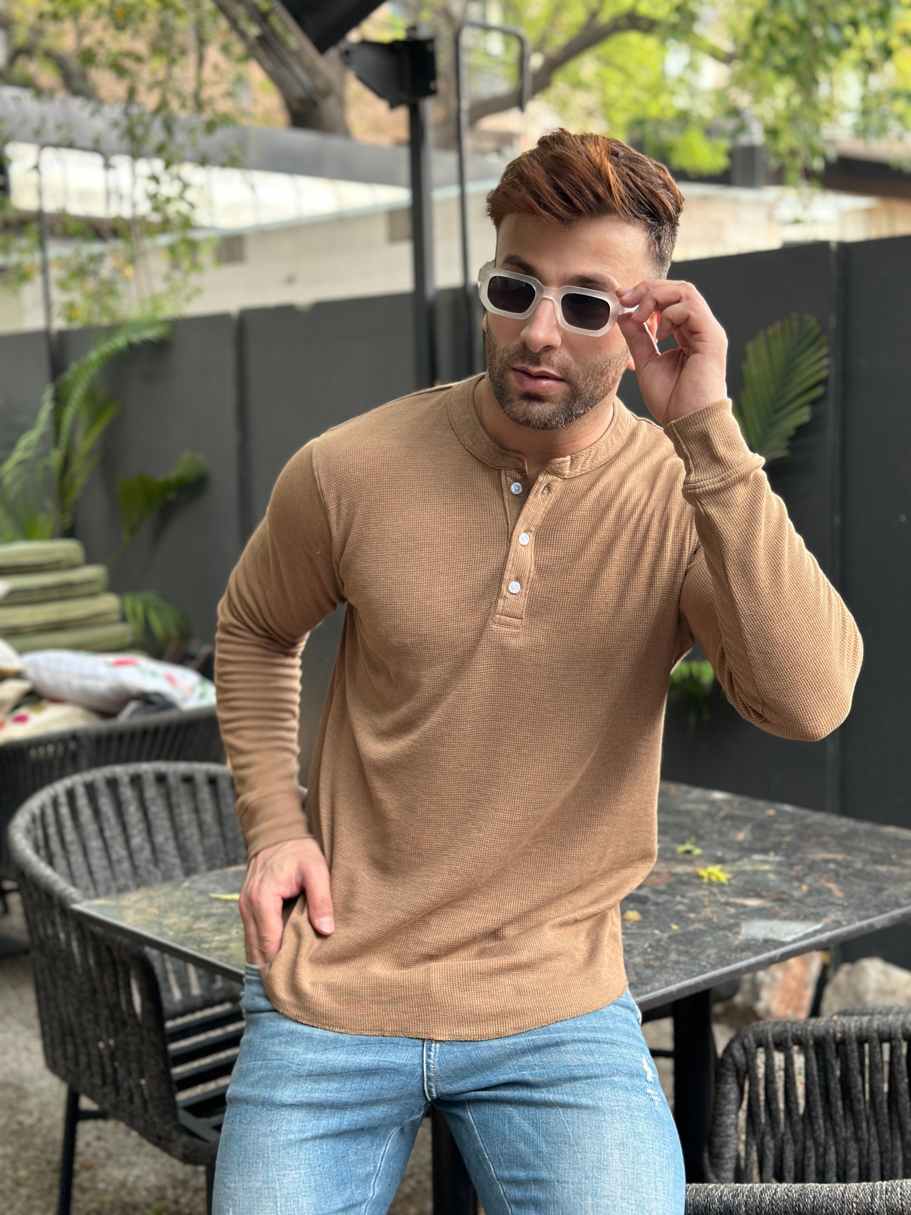 Brown Self Design Waffle Knit Henley T-Shirt