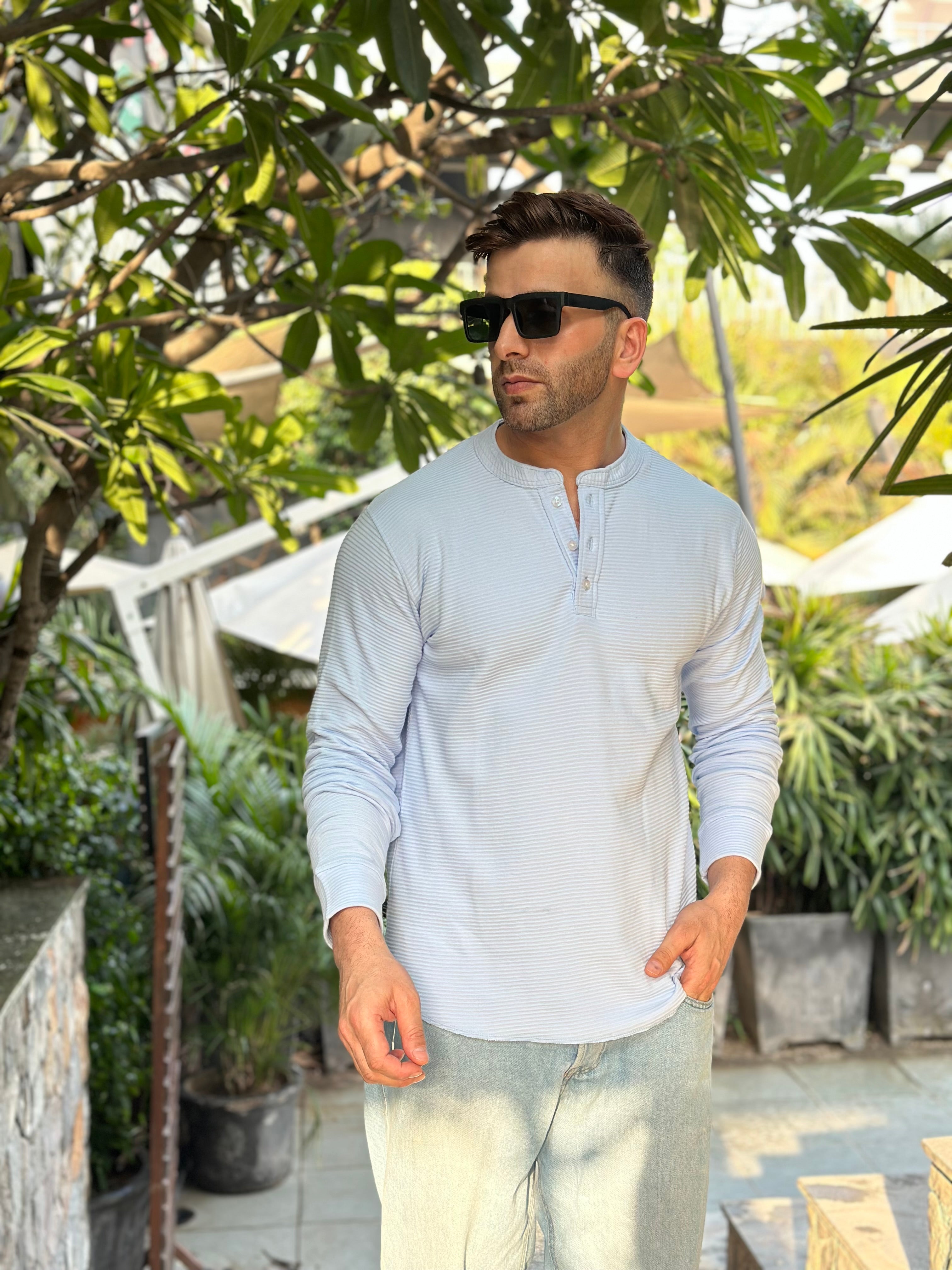 Sky Blue Self Design Henley T-Shirt