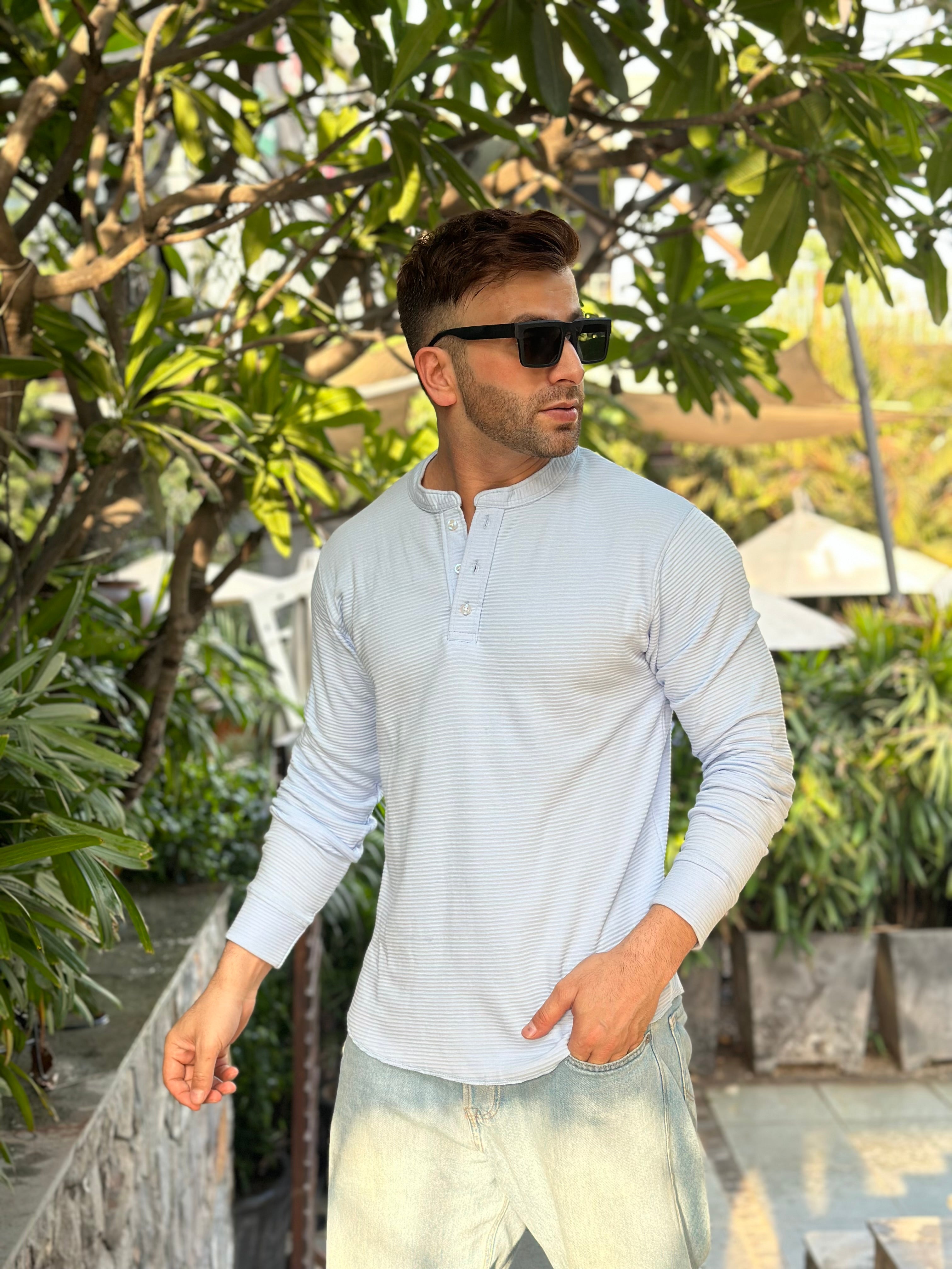 Sky Blue Self Design Henley T-Shirt