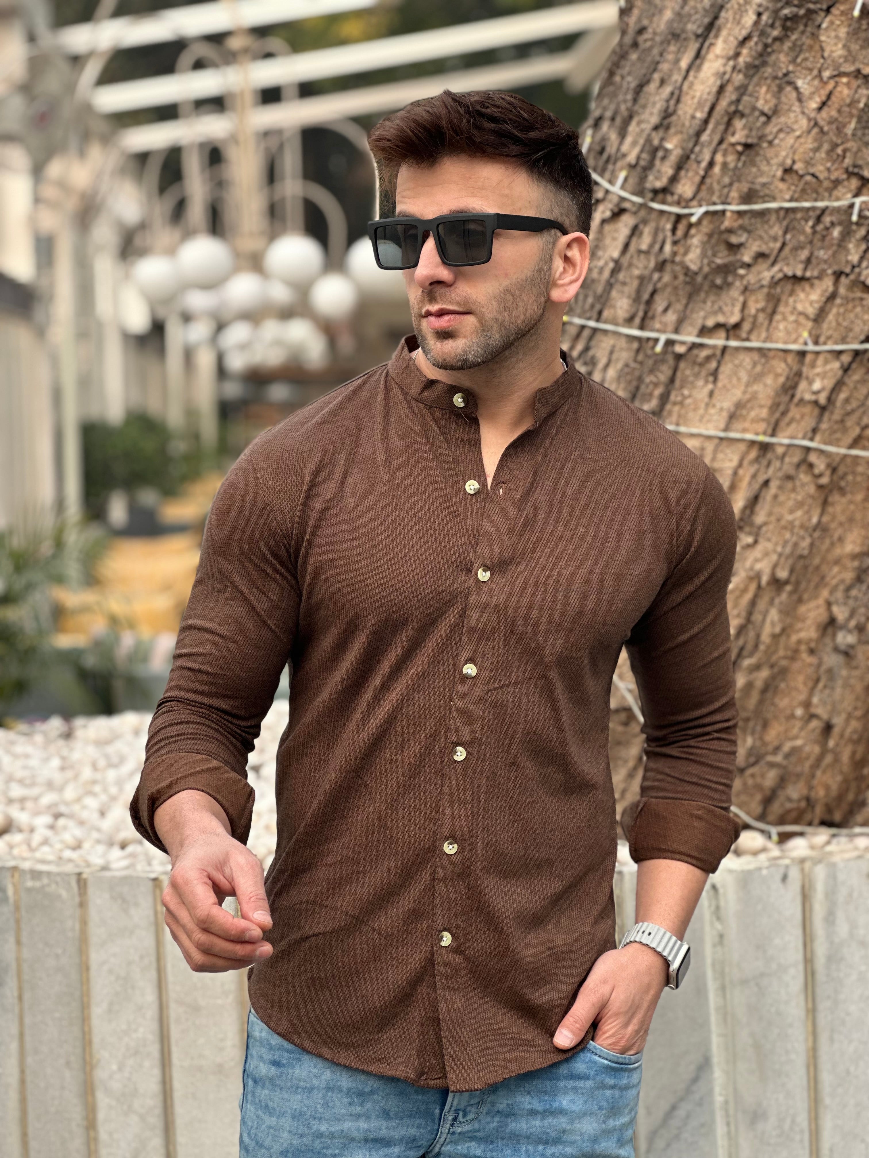 Brown Melange Self Design Textured Shirt