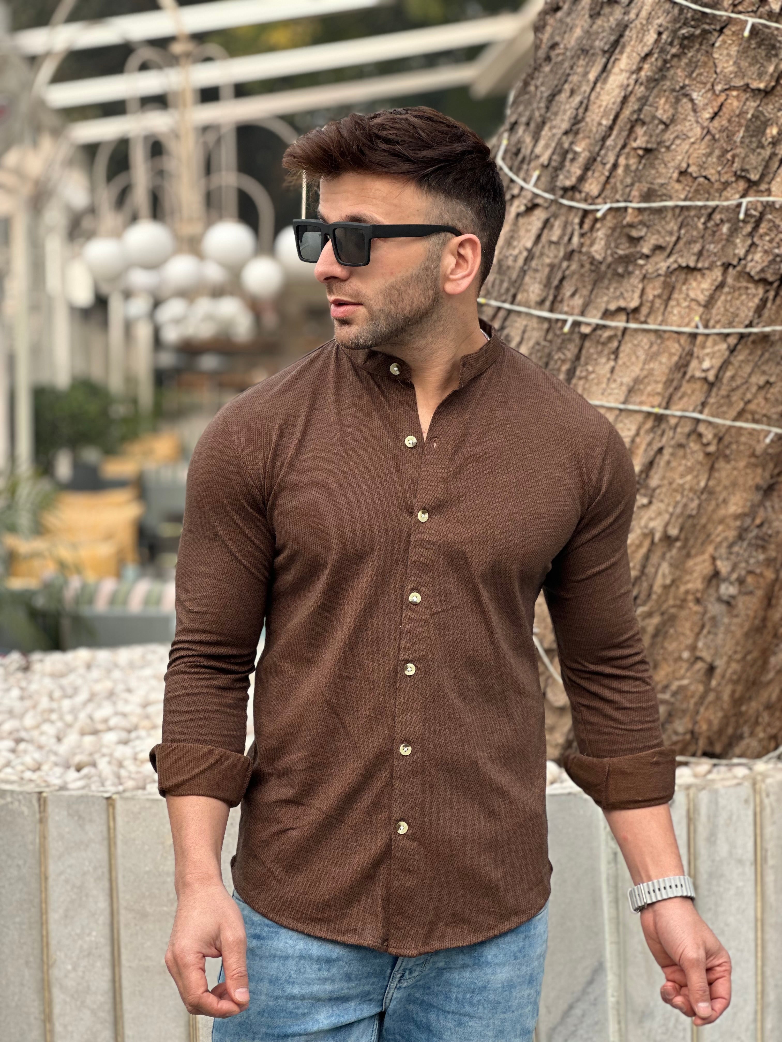 Brown Melange Self Design Textured Shirt