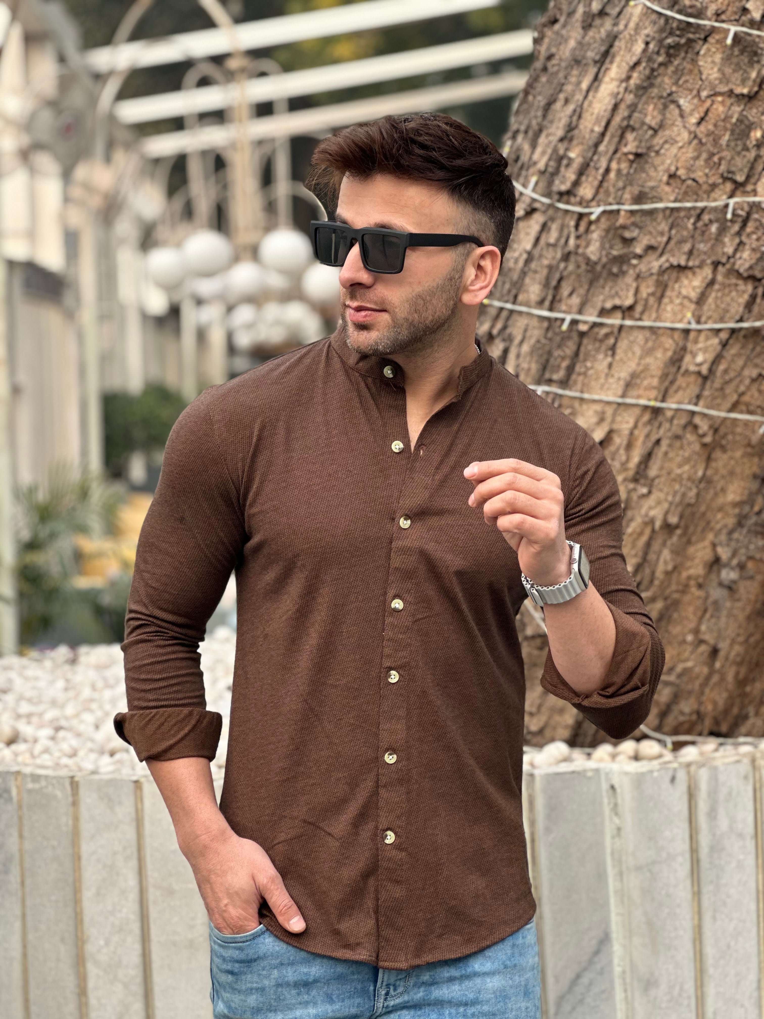 Brown Melange Self Design Textured Shirt