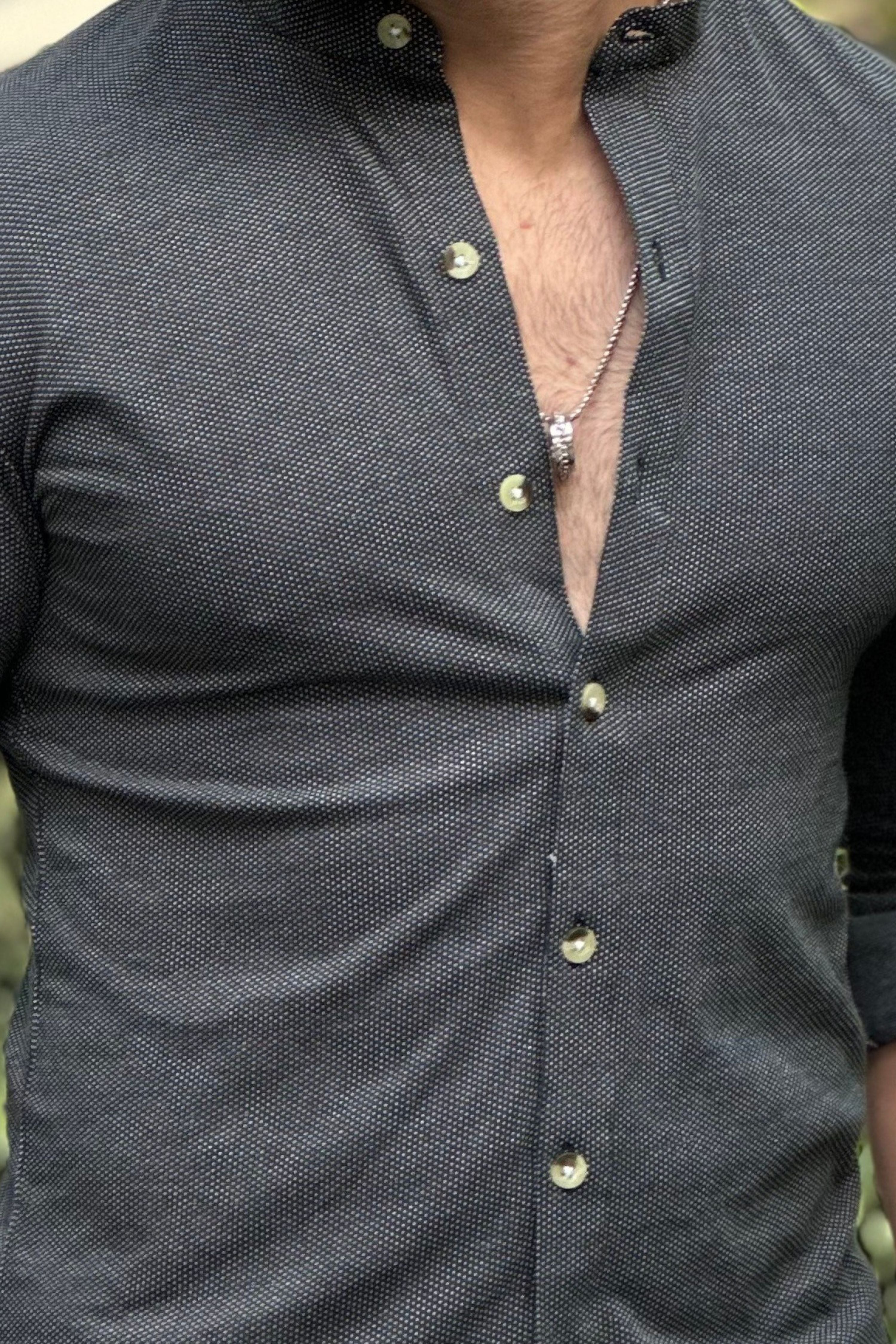 Dark Grey Melange Knitted Self Design Textured Shirt