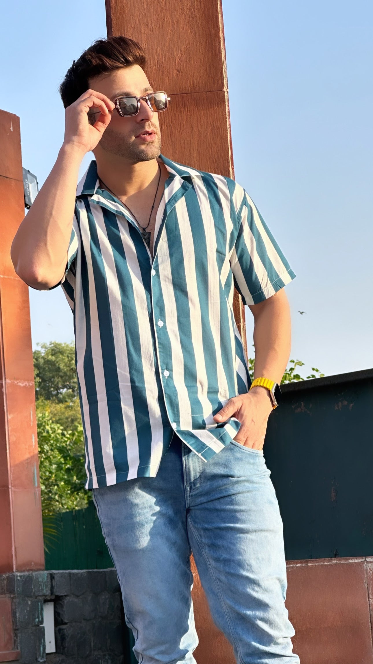 Teal Blue Oversized Striped Shirt