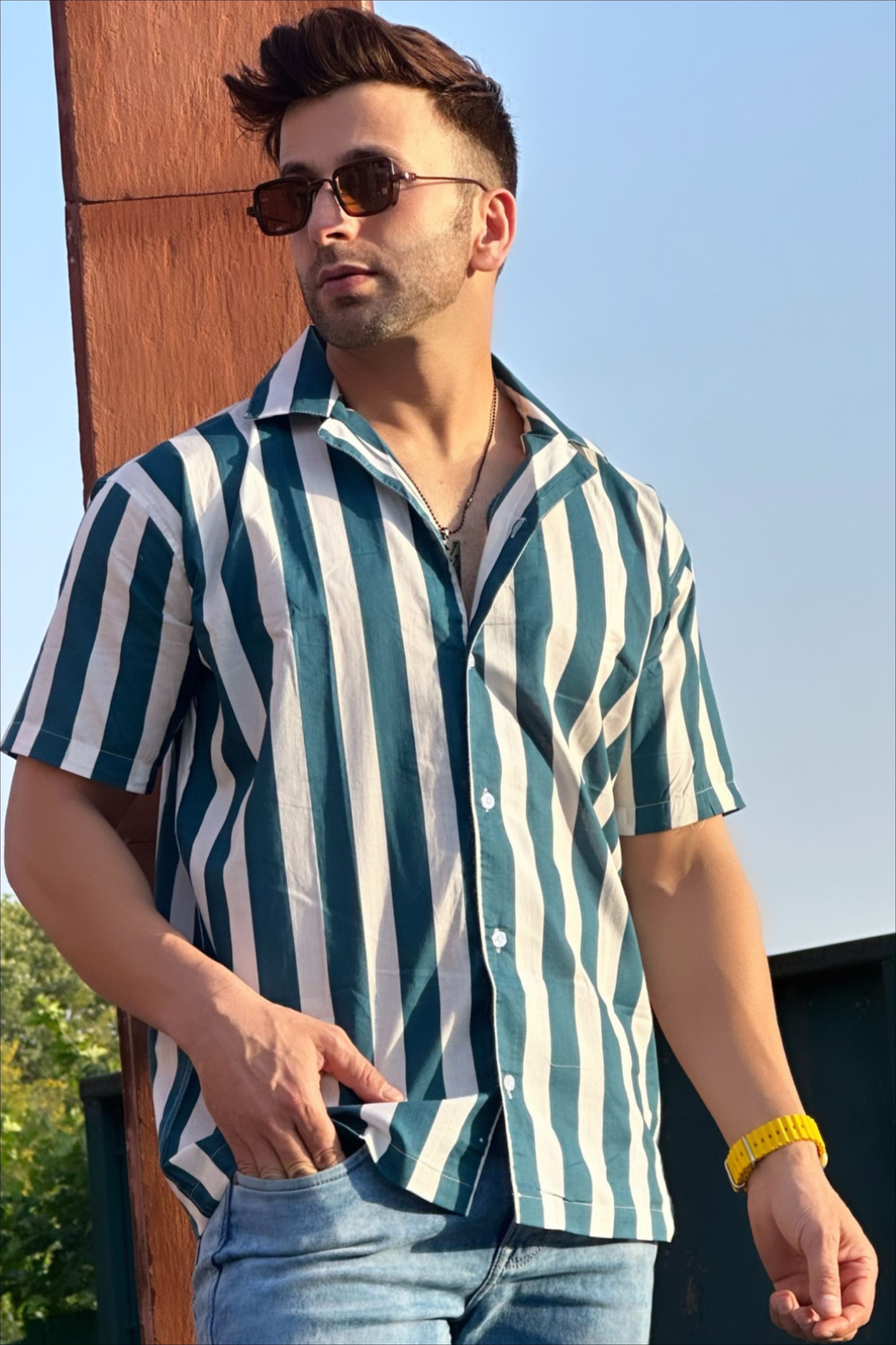 Teal Blue Oversized Striped Shirt