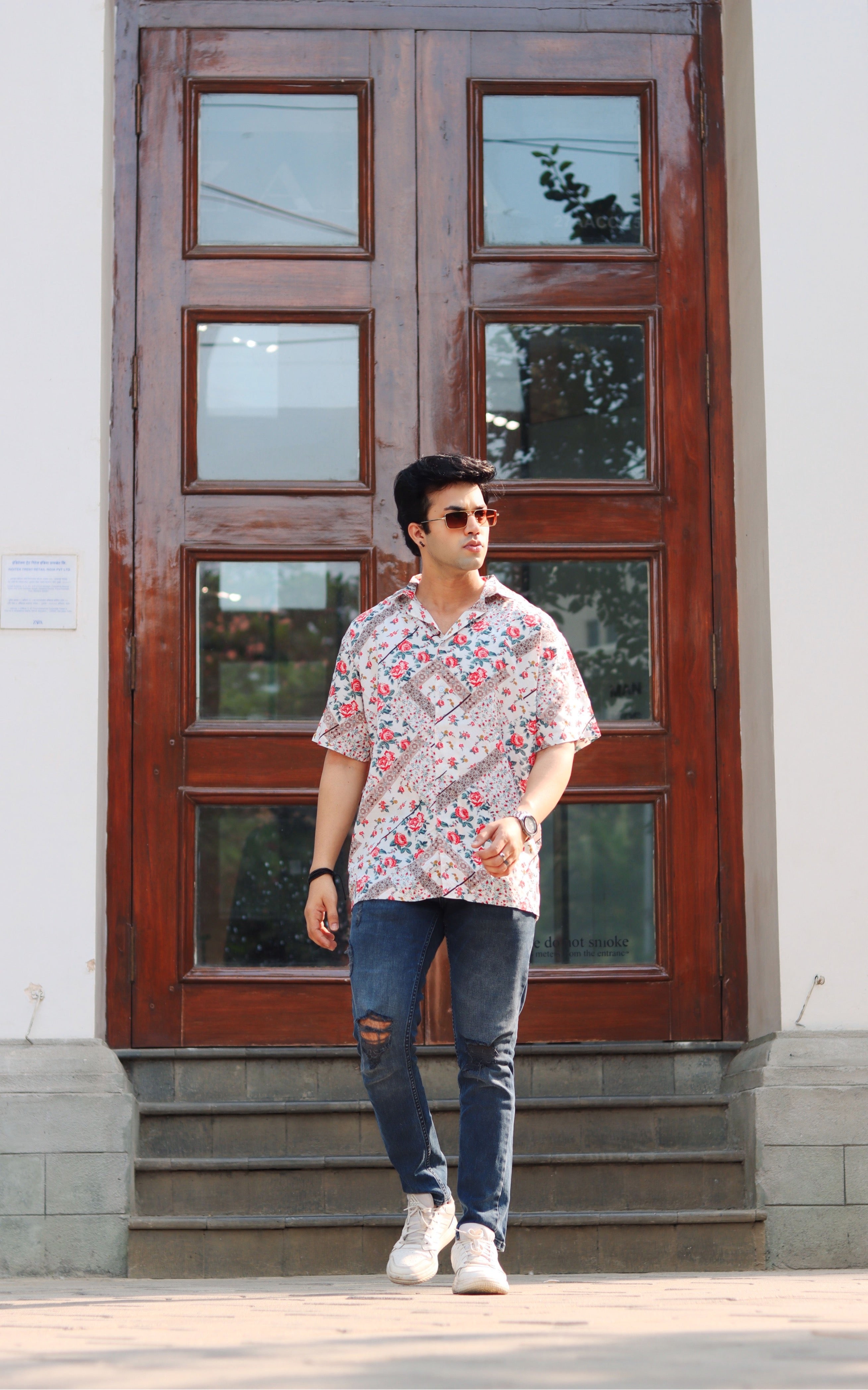 Red Oversized Floral Printed Shirt