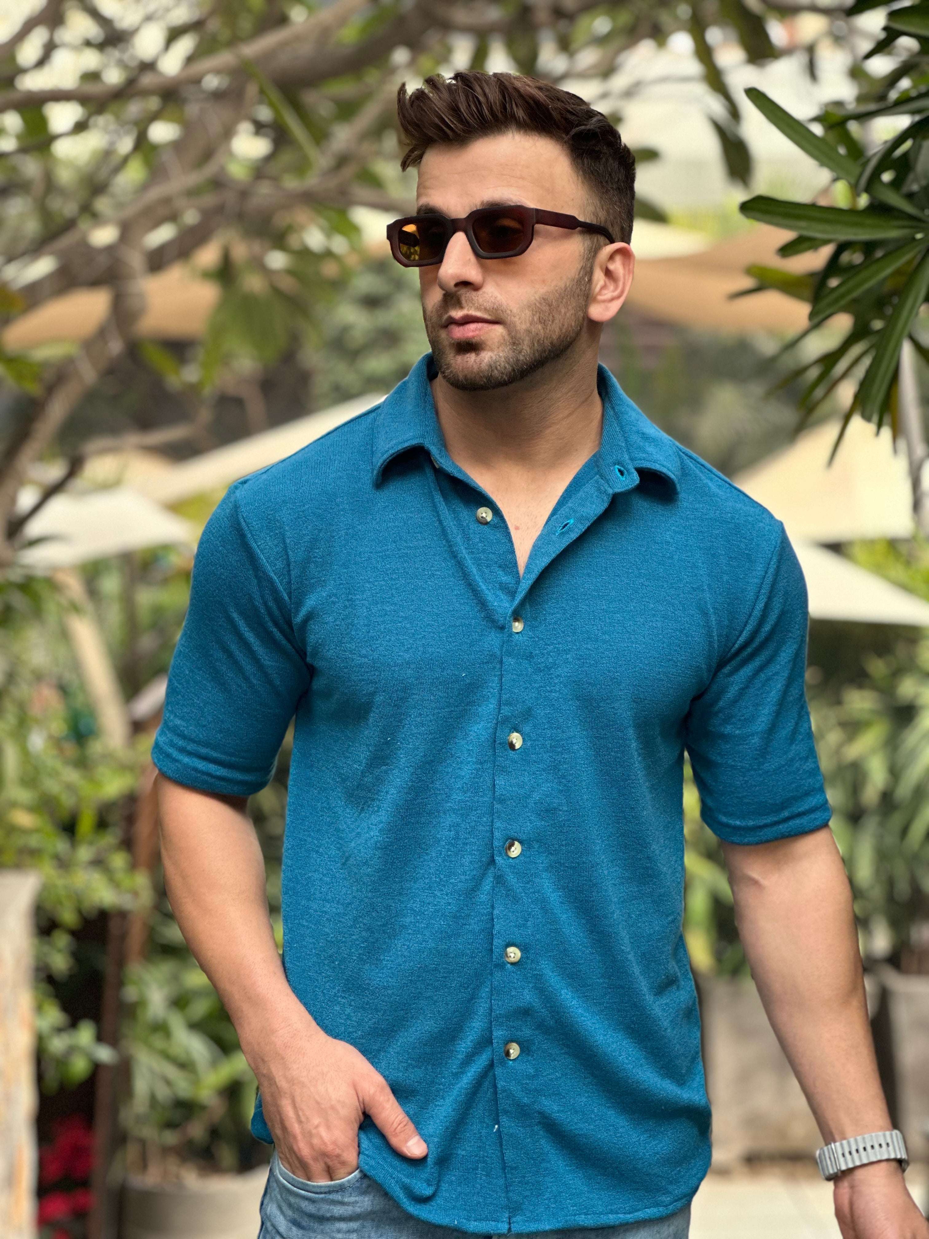 Teal Blue Oversized Revere Solid Shirt