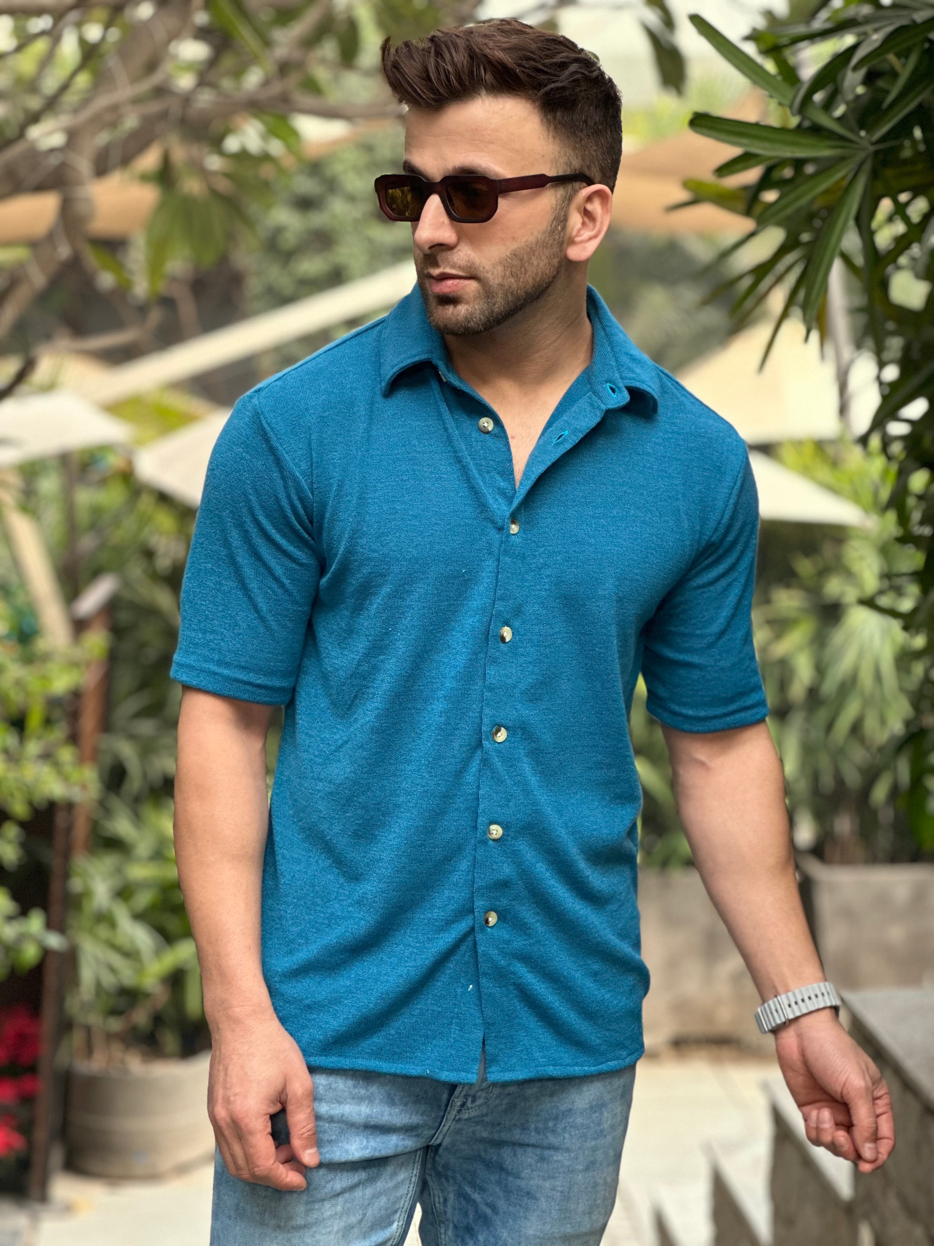 Teal Blue Oversized Revere Solid Shirt