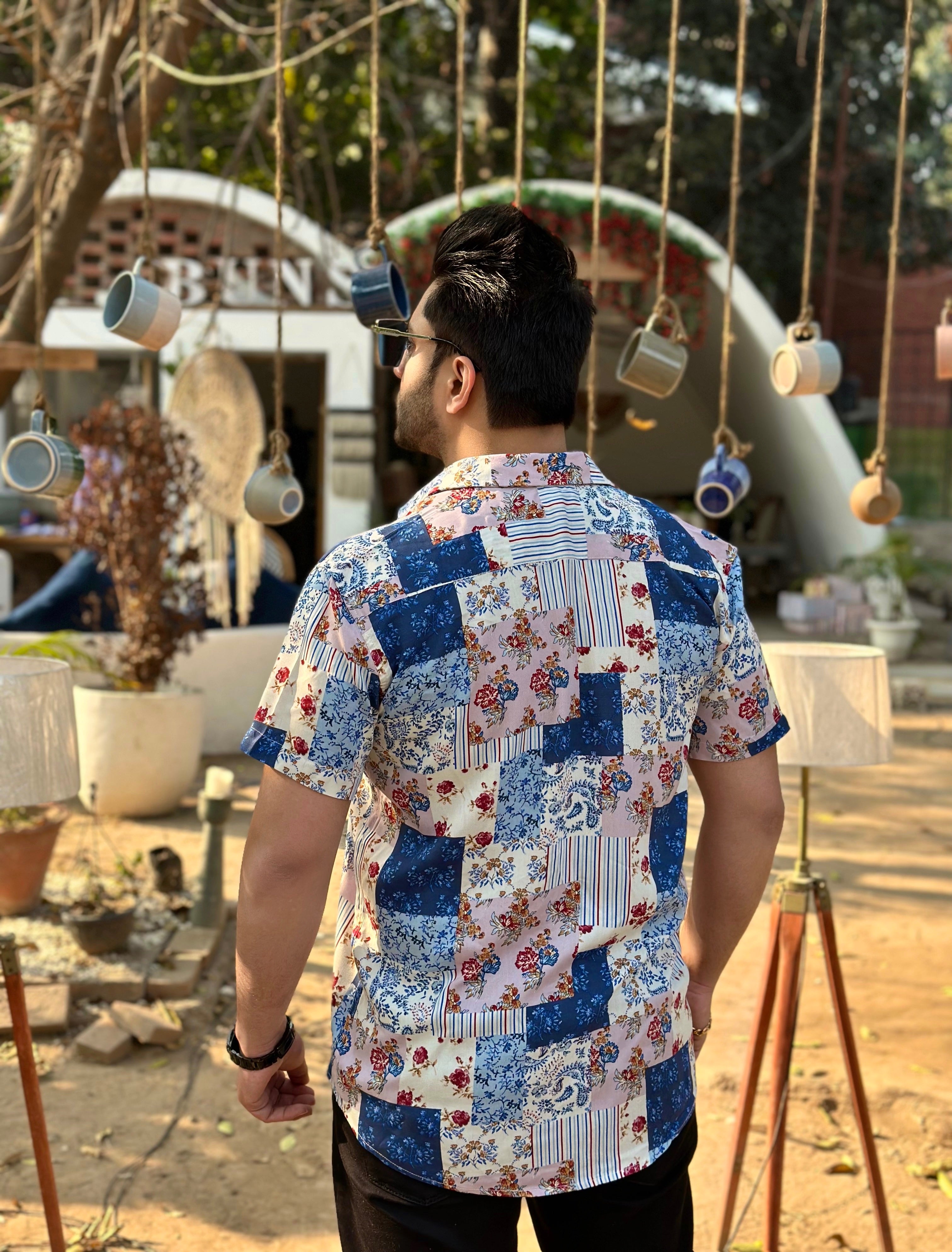 White and Pink Half Sleeve Floral Stripe  Shirt