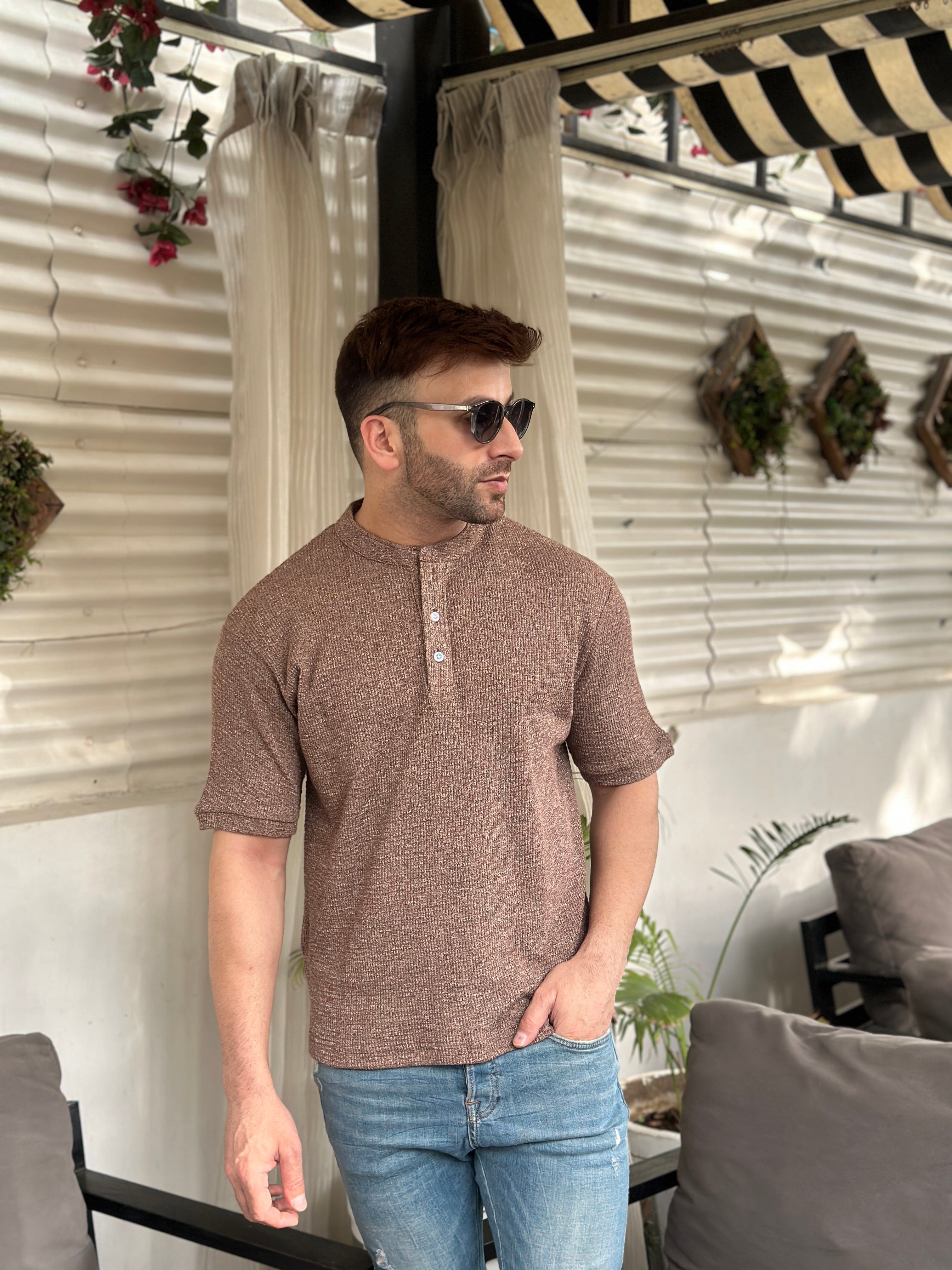 Brown Self Design Henley T-Shirt