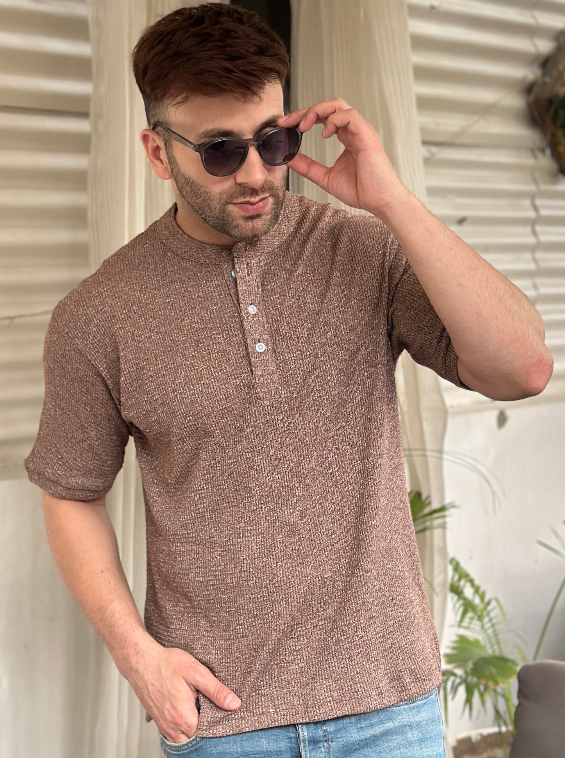 Brown Self Design Henley T-Shirt