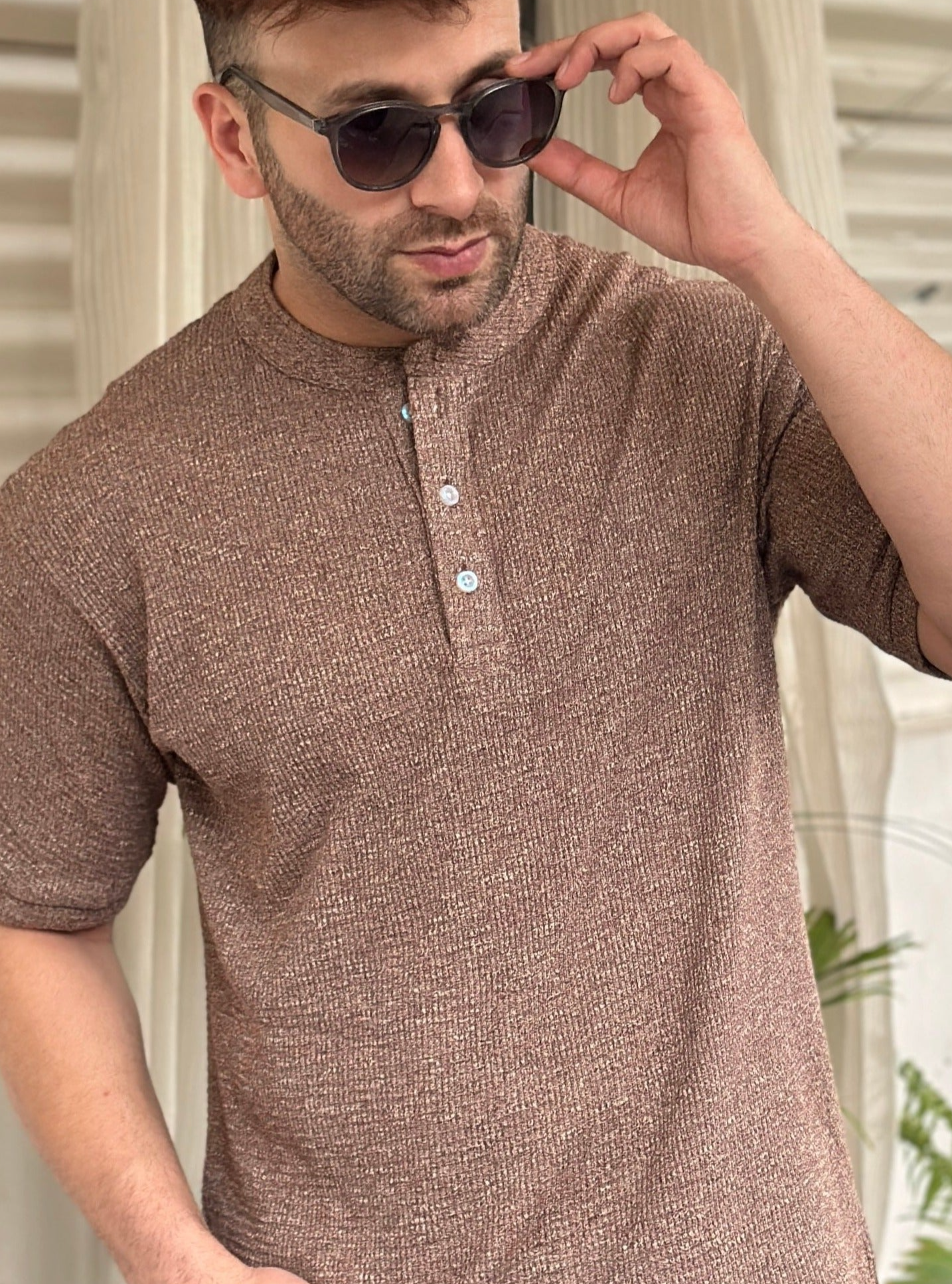 Brown Self Design Henley T-Shirt