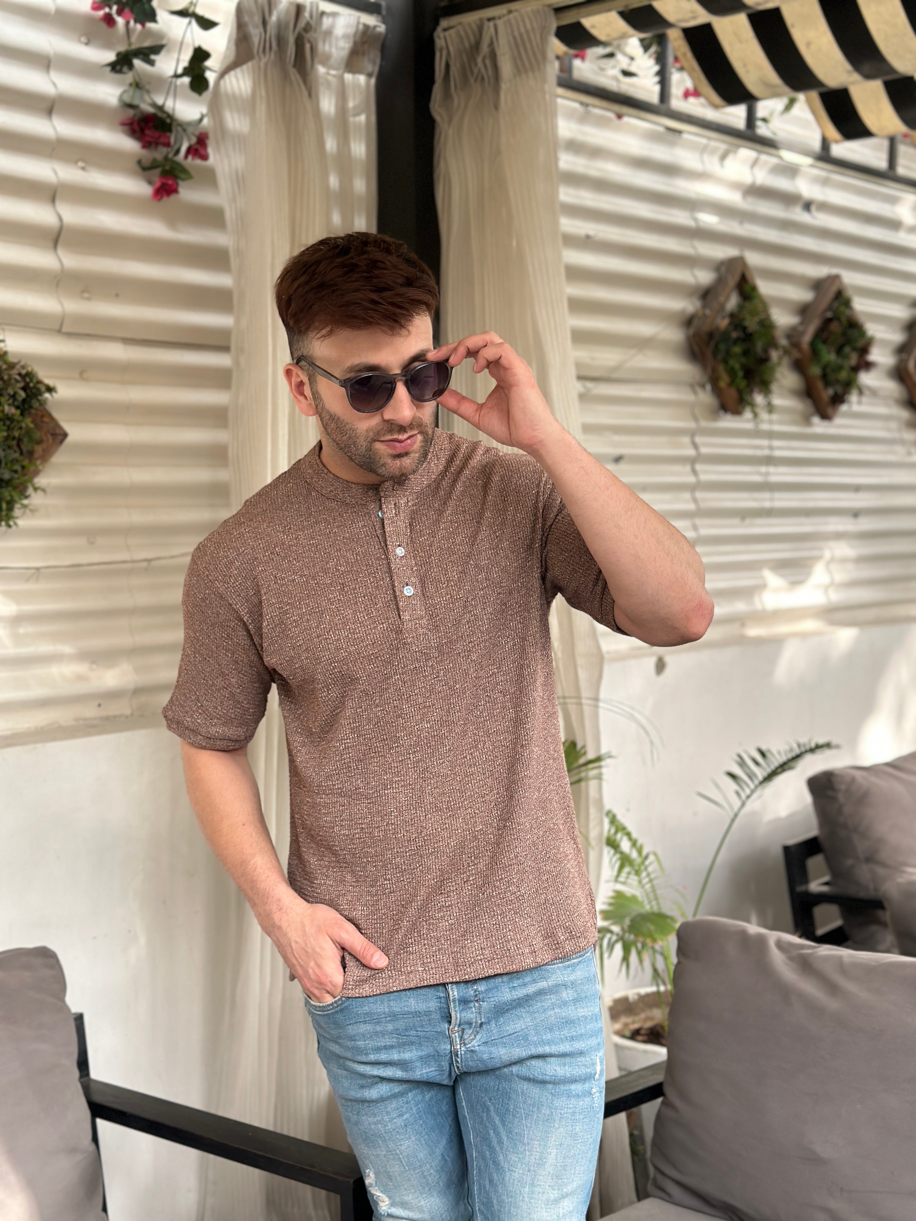 Brown Self Design Henley T-Shirt