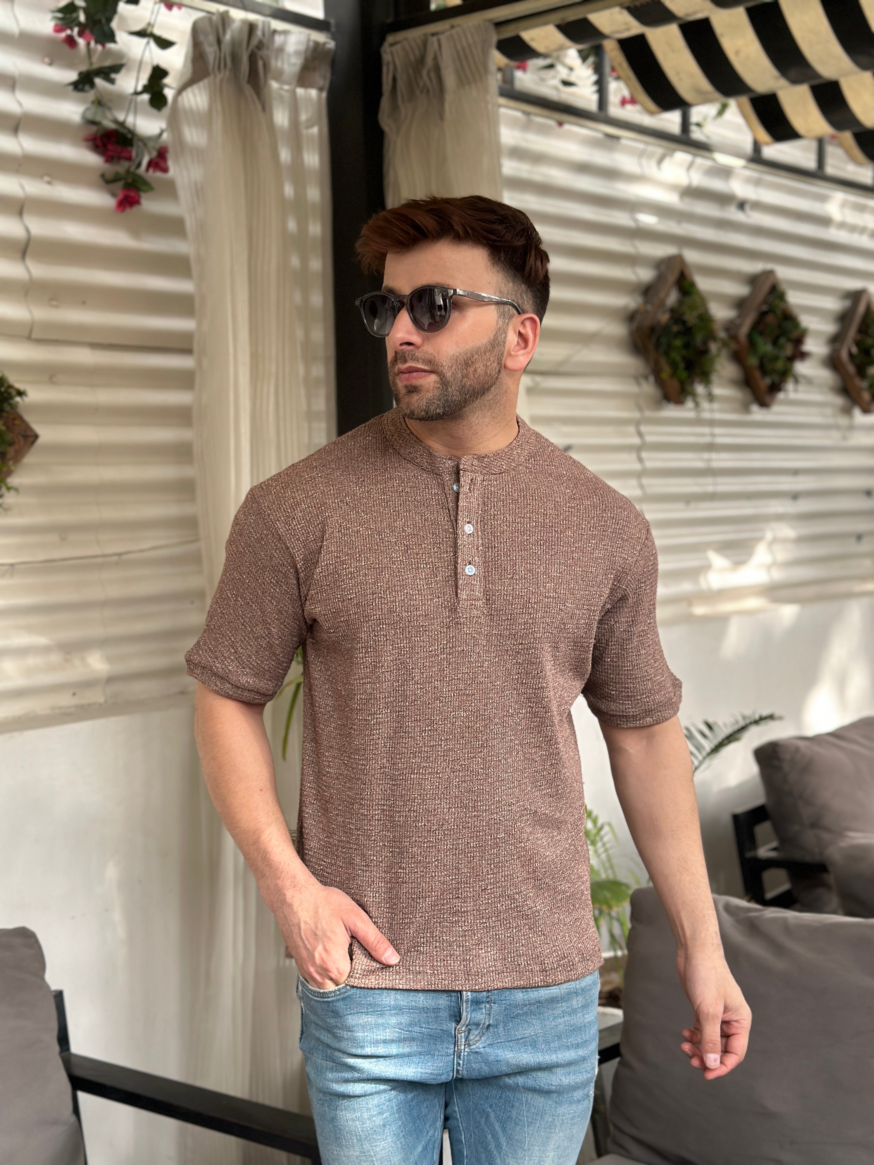 Brown Self Design Henley T-Shirt