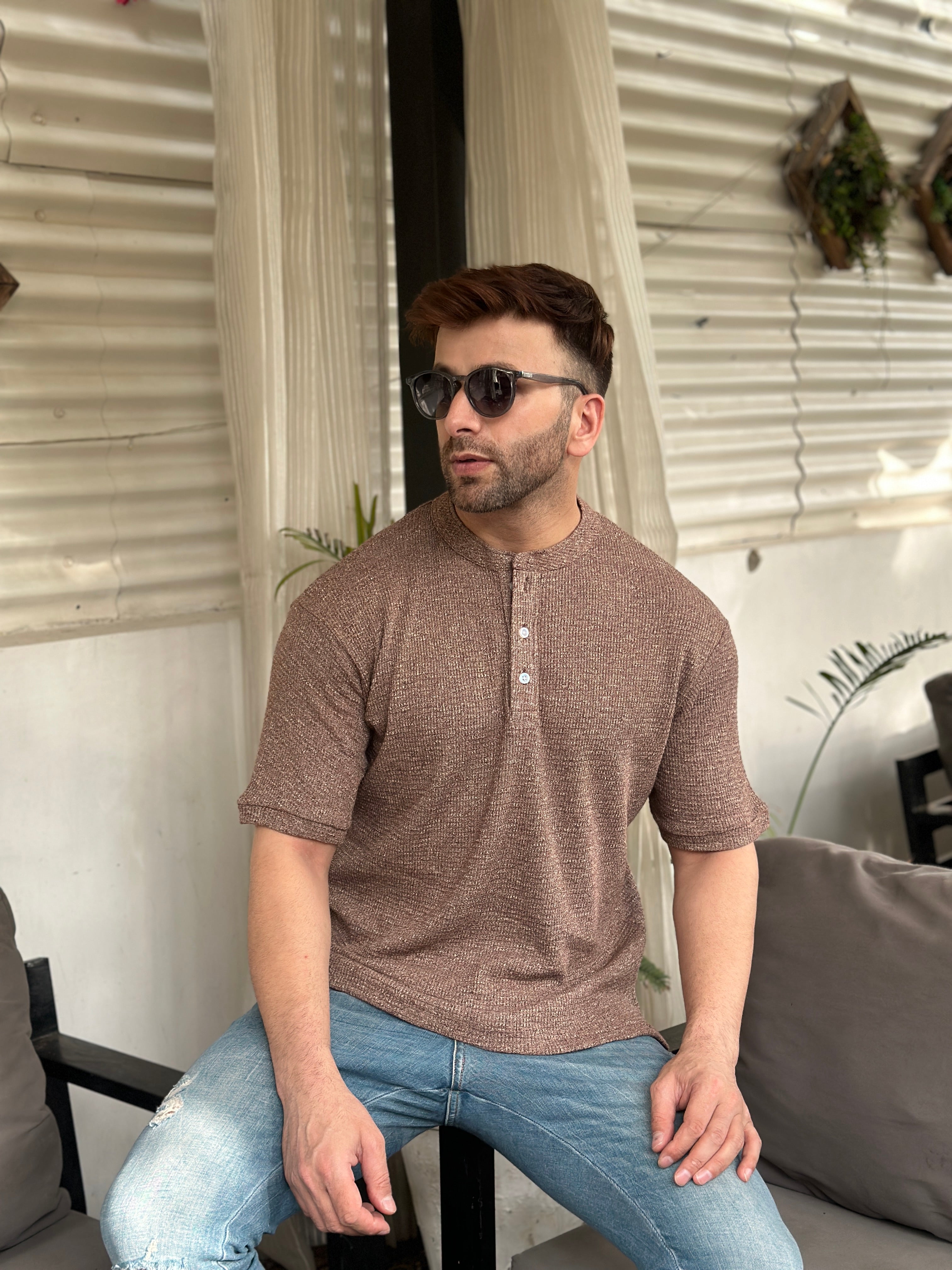 Brown Self Design Henley T-Shirt