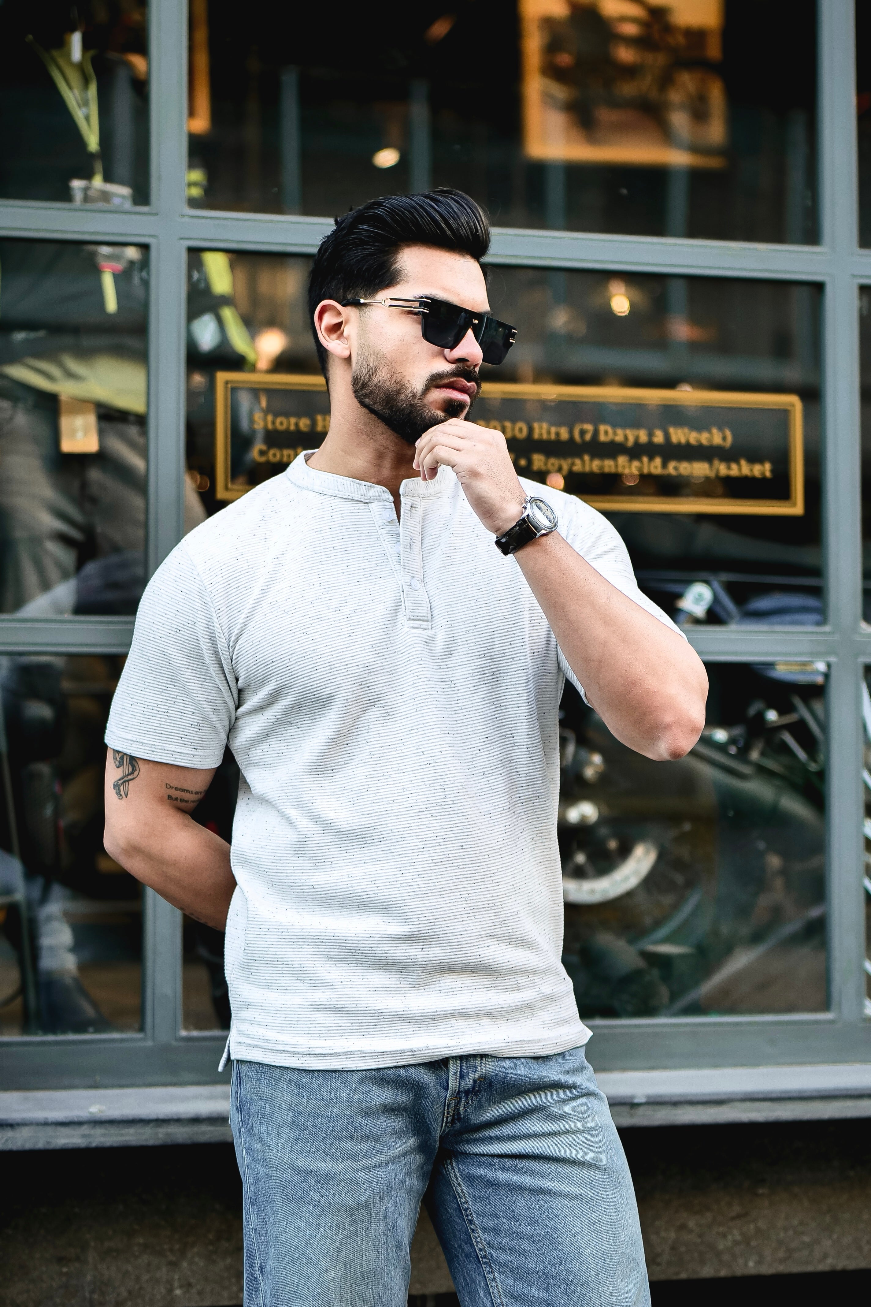 White Self Design Henley T-Shirt