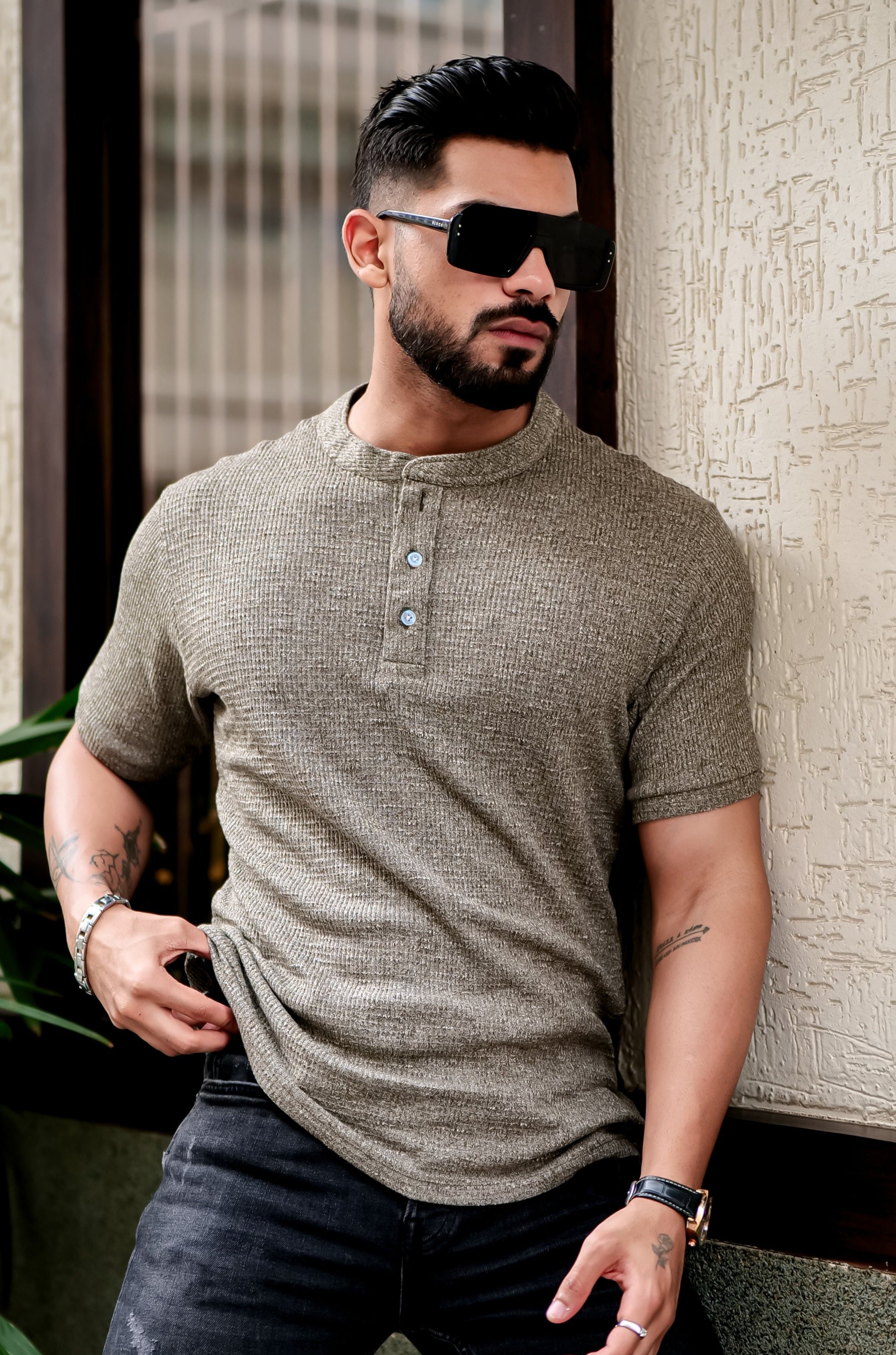 Grey Half Sleeves Self Design Henley T-shirt