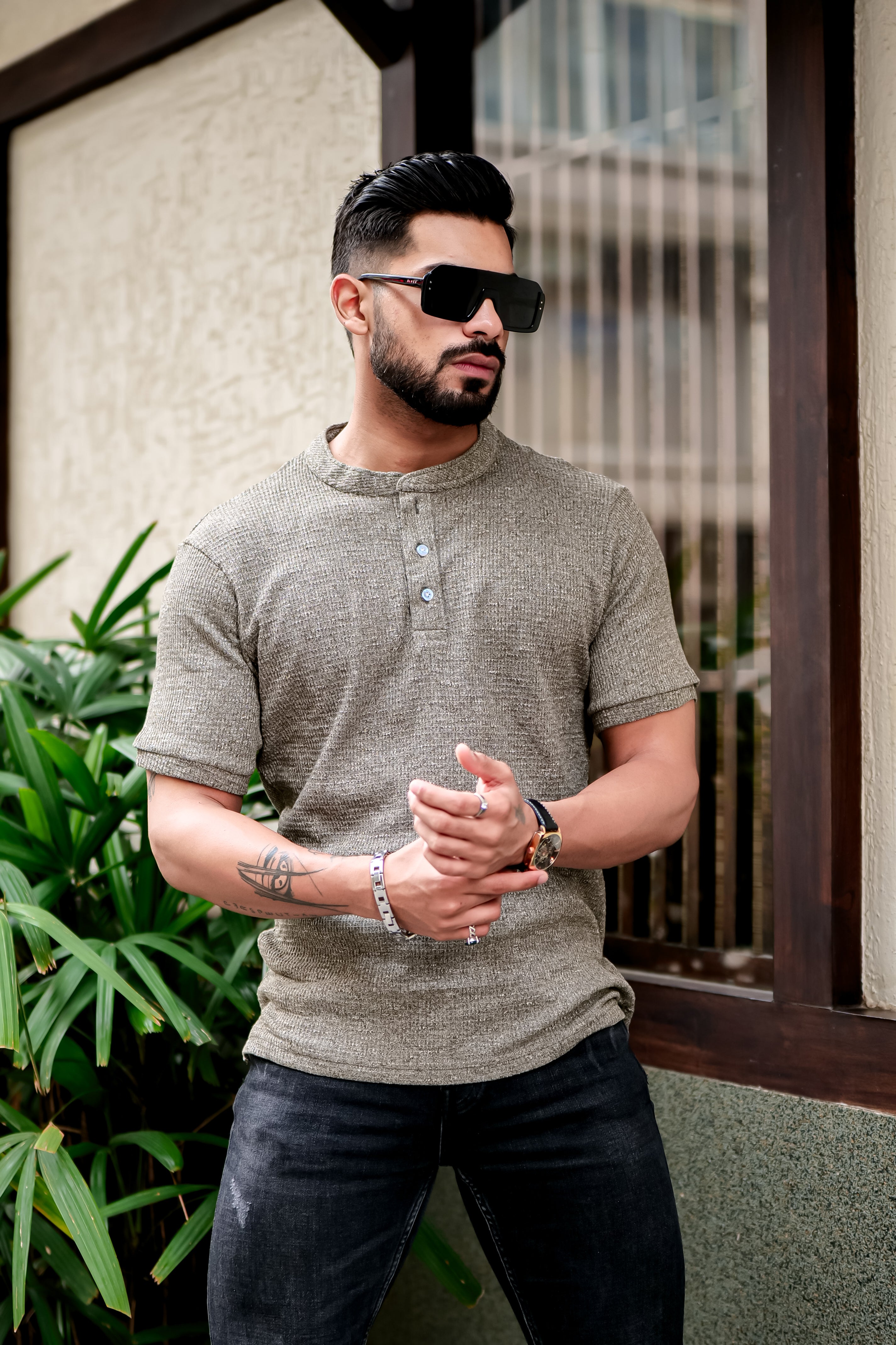 Grey Half Sleeves Self Design Henley T-shirt