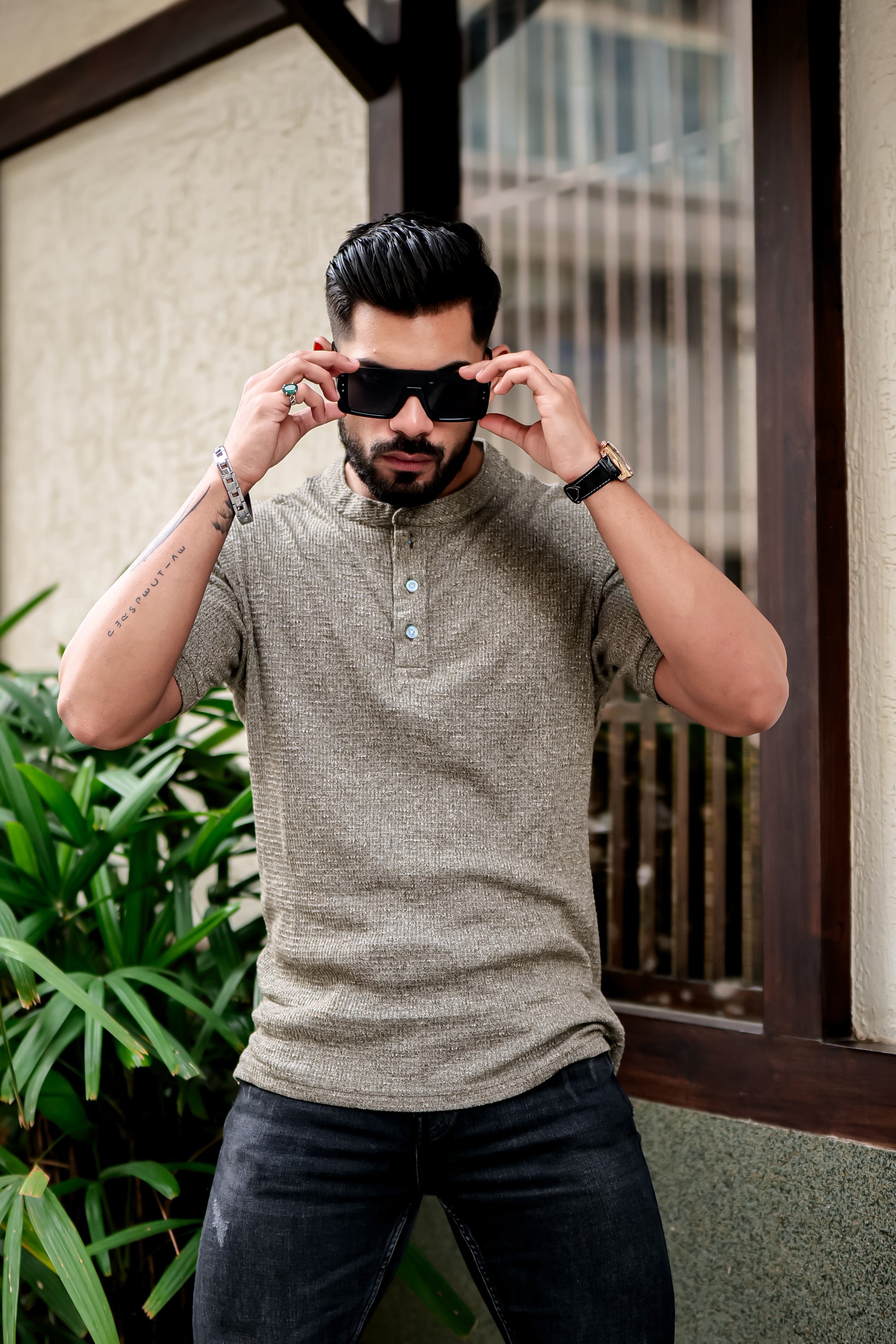 Grey Half Sleeves Self Design Henley T-shirt