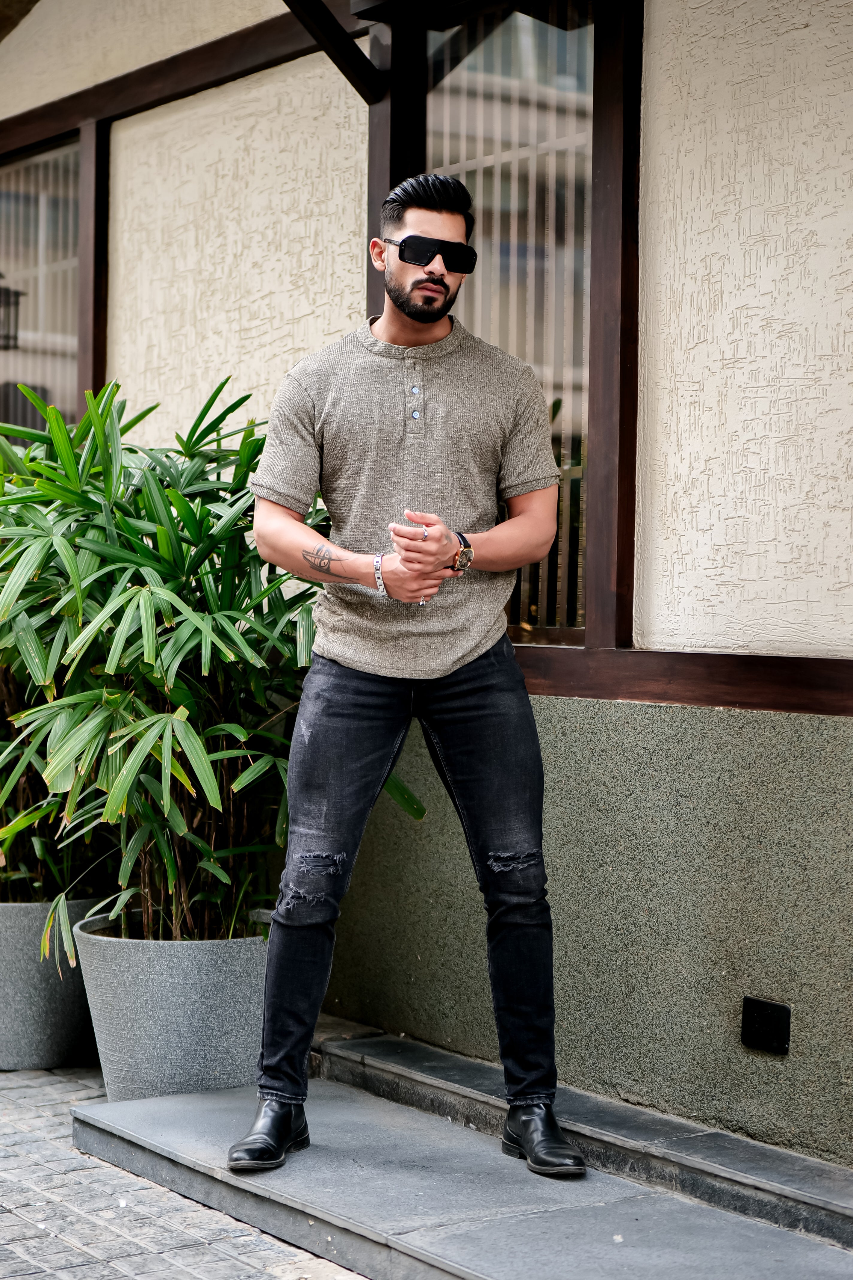 Grey Half Sleeves Self Design Henley T-shirt