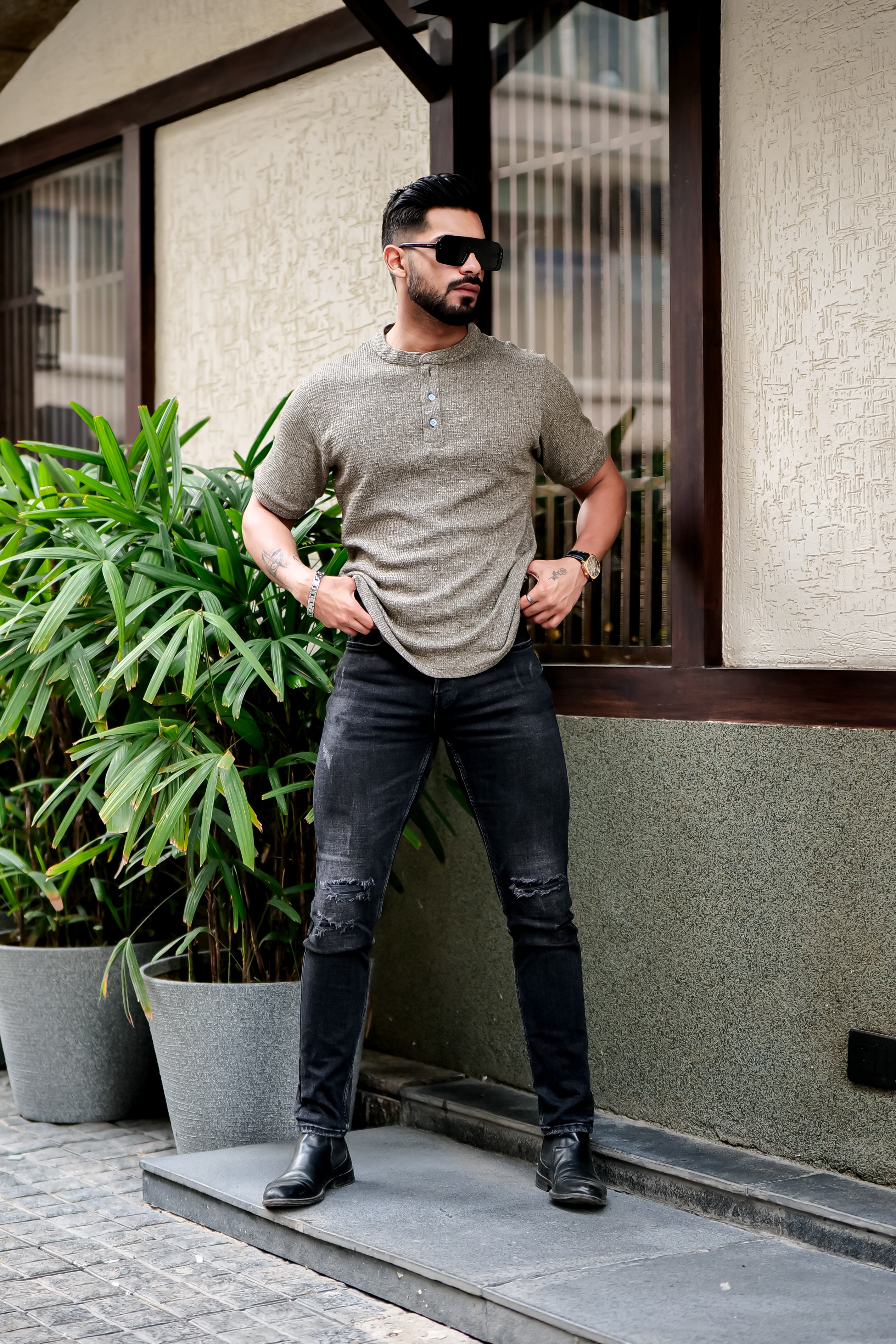 Grey Half Sleeves Self Design Henley T-shirt