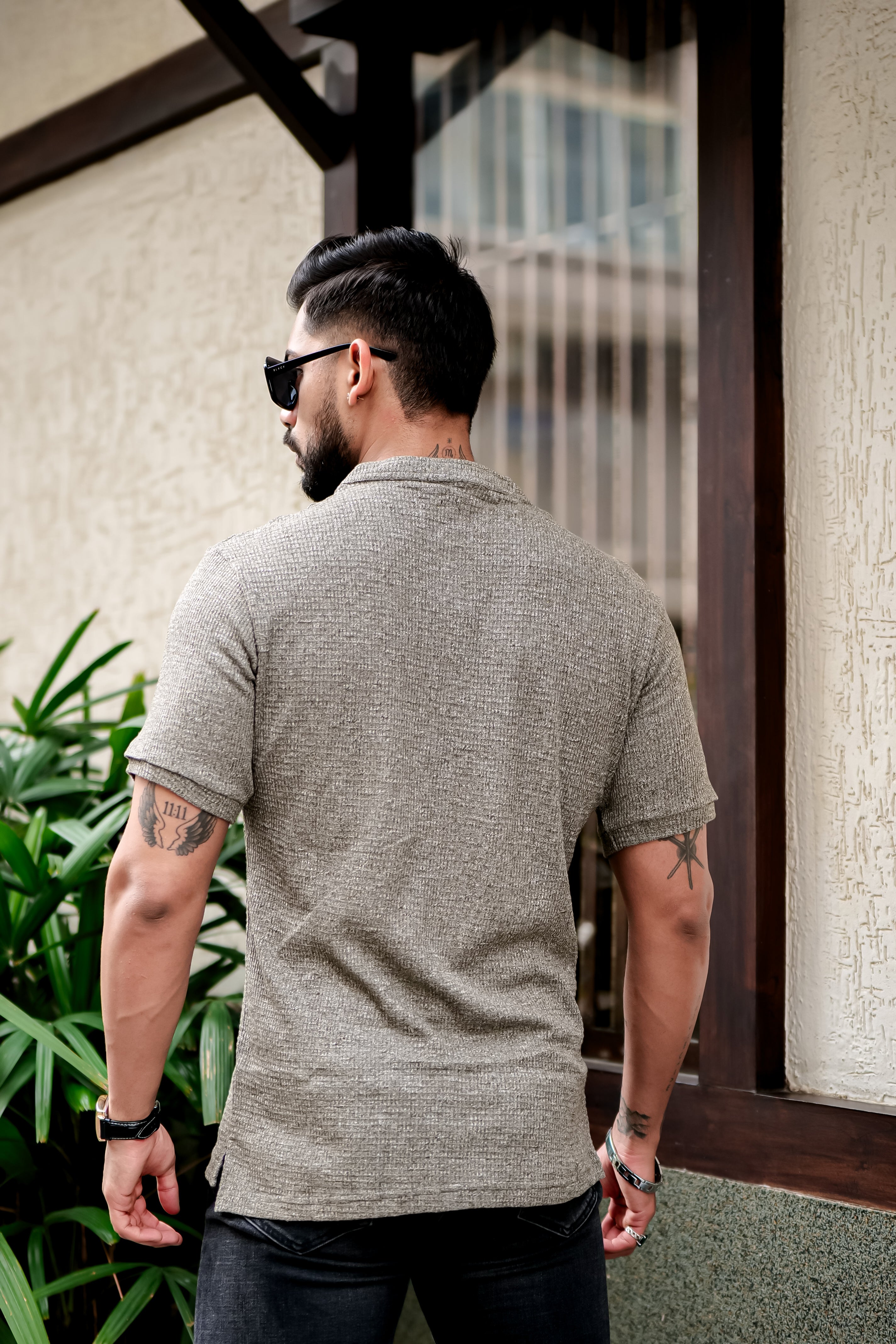 Grey Half Sleeves Self Design Henley T-shirt