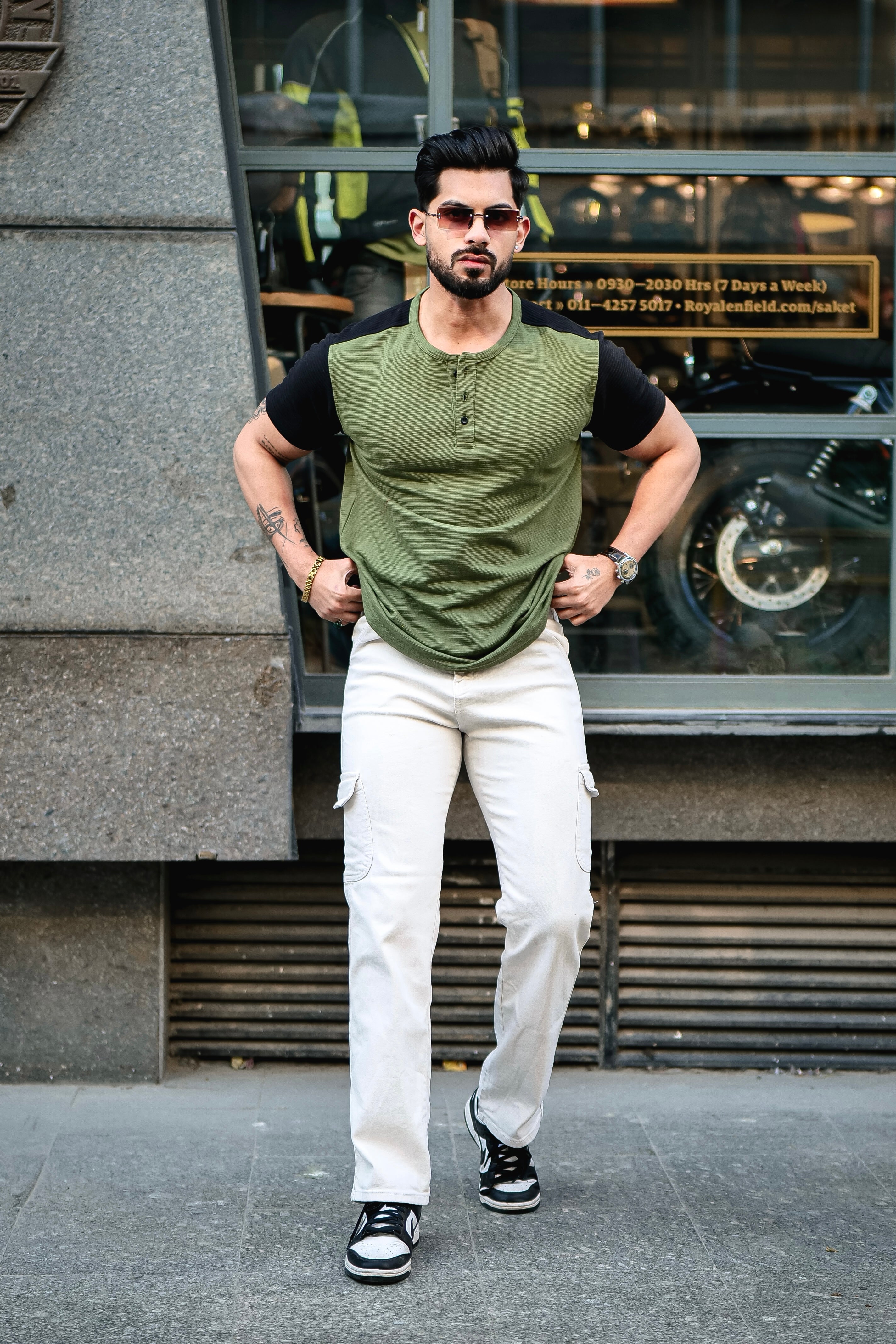 Olive Self Design Colorblock Half Sleeve T-Shirt