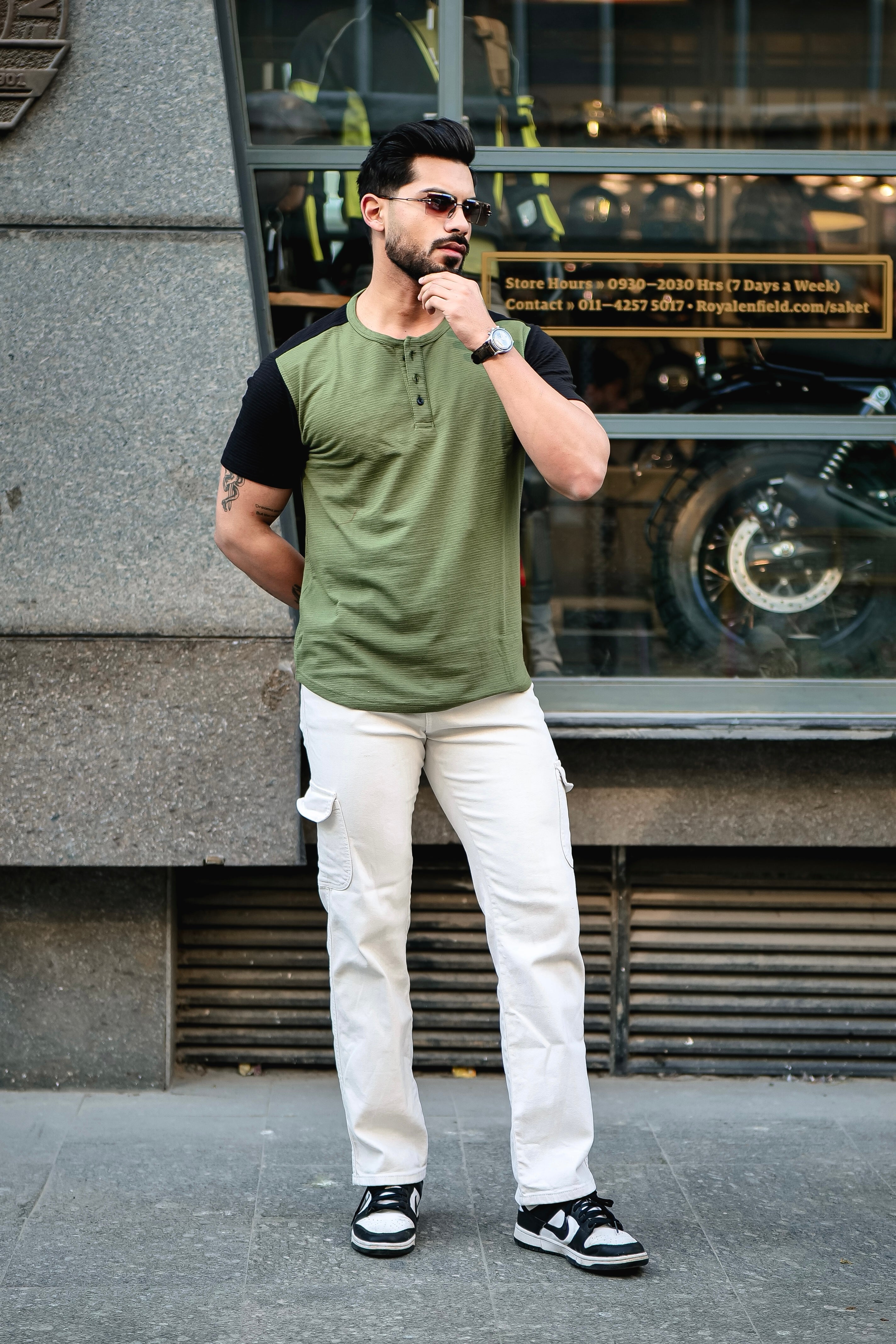 Olive Self Design Colorblock Half Sleeve T-Shirt