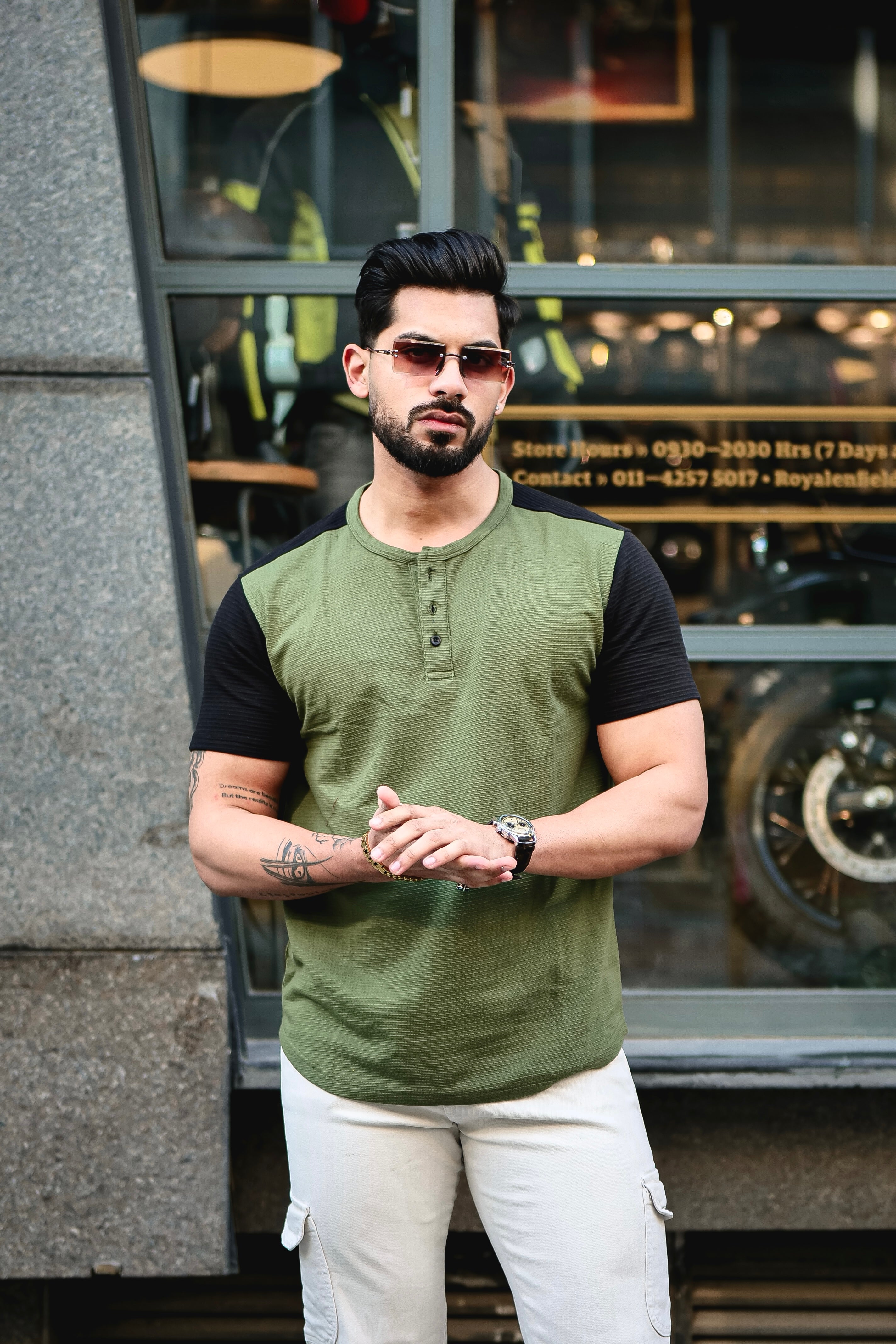 Olive Self Design Colorblock Half Sleeve T-Shirt