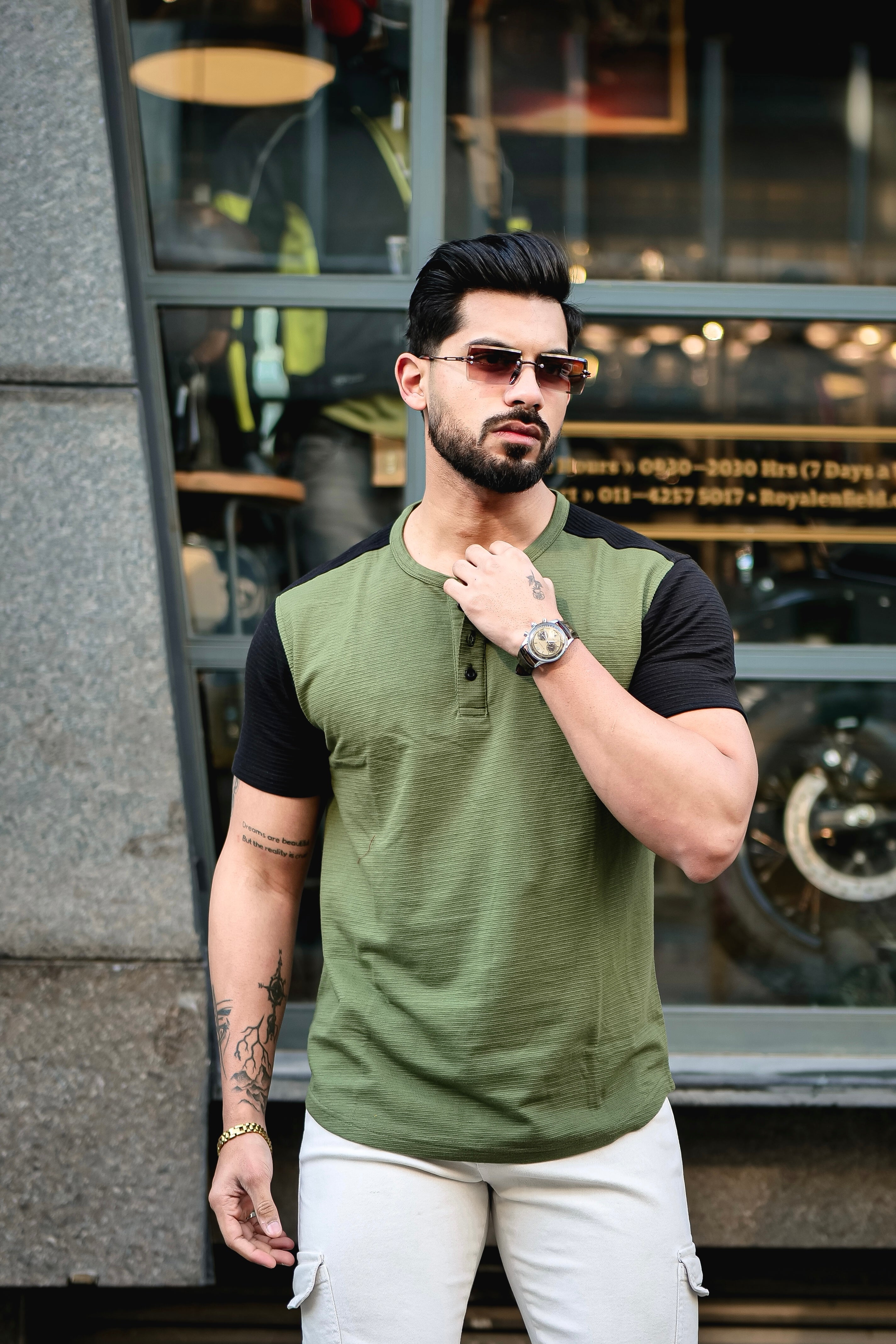 Olive Self Design Colorblock Half Sleeve T-Shirt