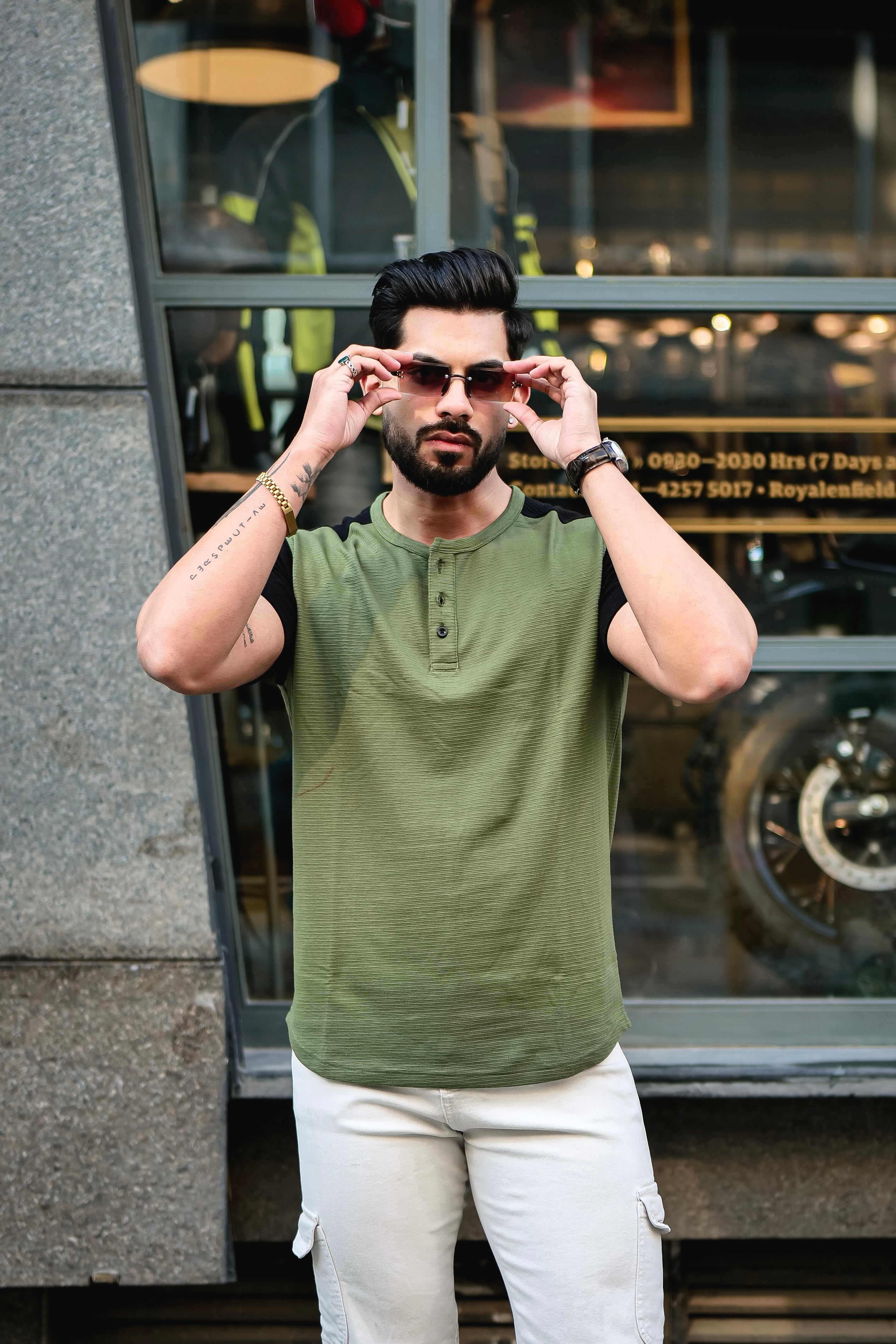 Olive Self Design Colorblock Half Sleeve T-Shirt