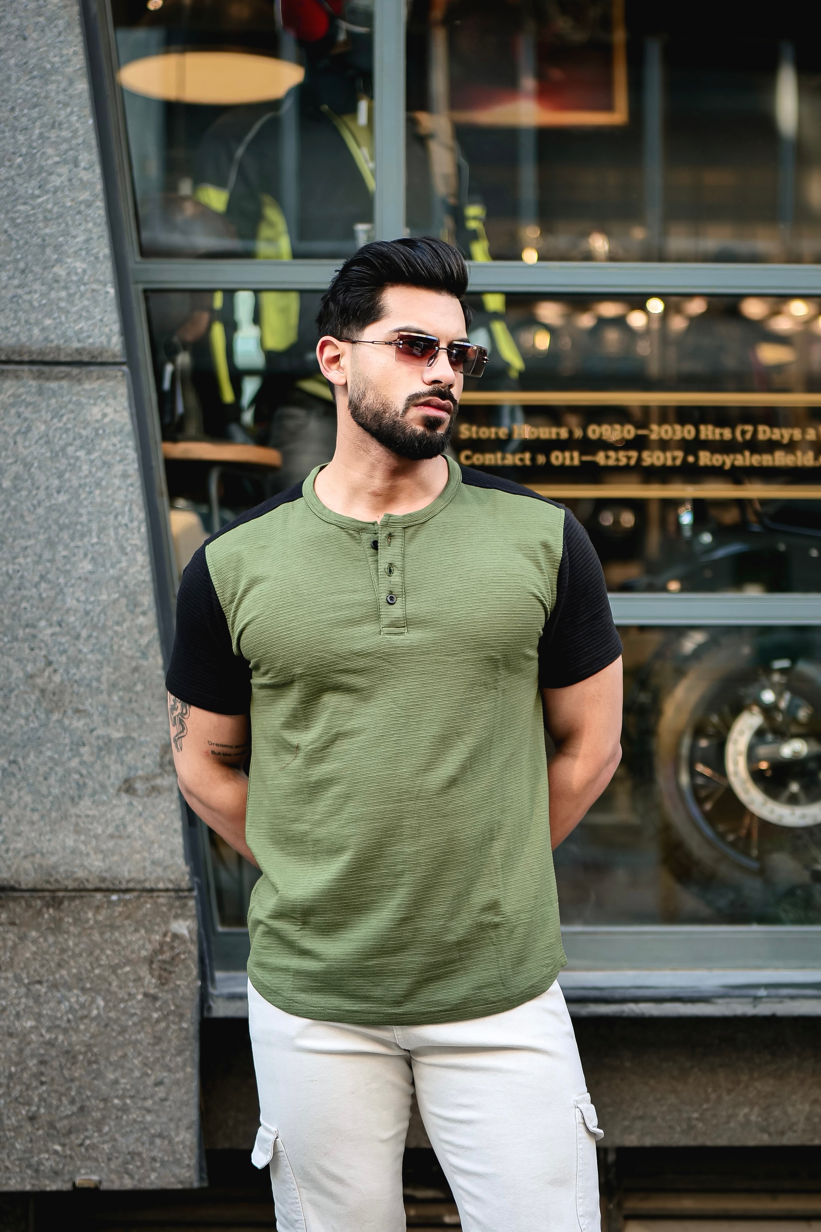 Olive Self Design Colorblock Half Sleeve T-Shirt