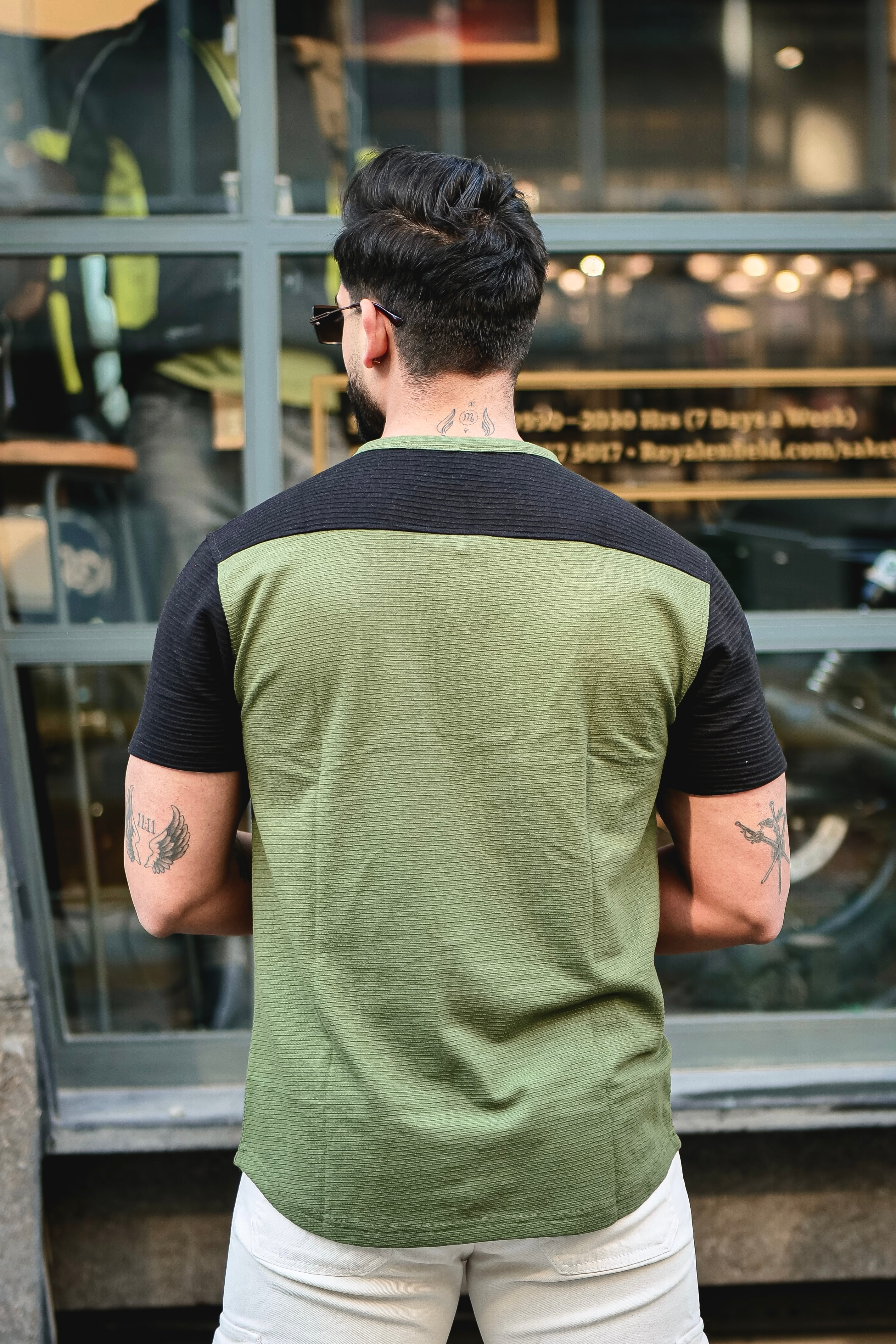 Olive Self Design Colorblock Half Sleeve T-Shirt