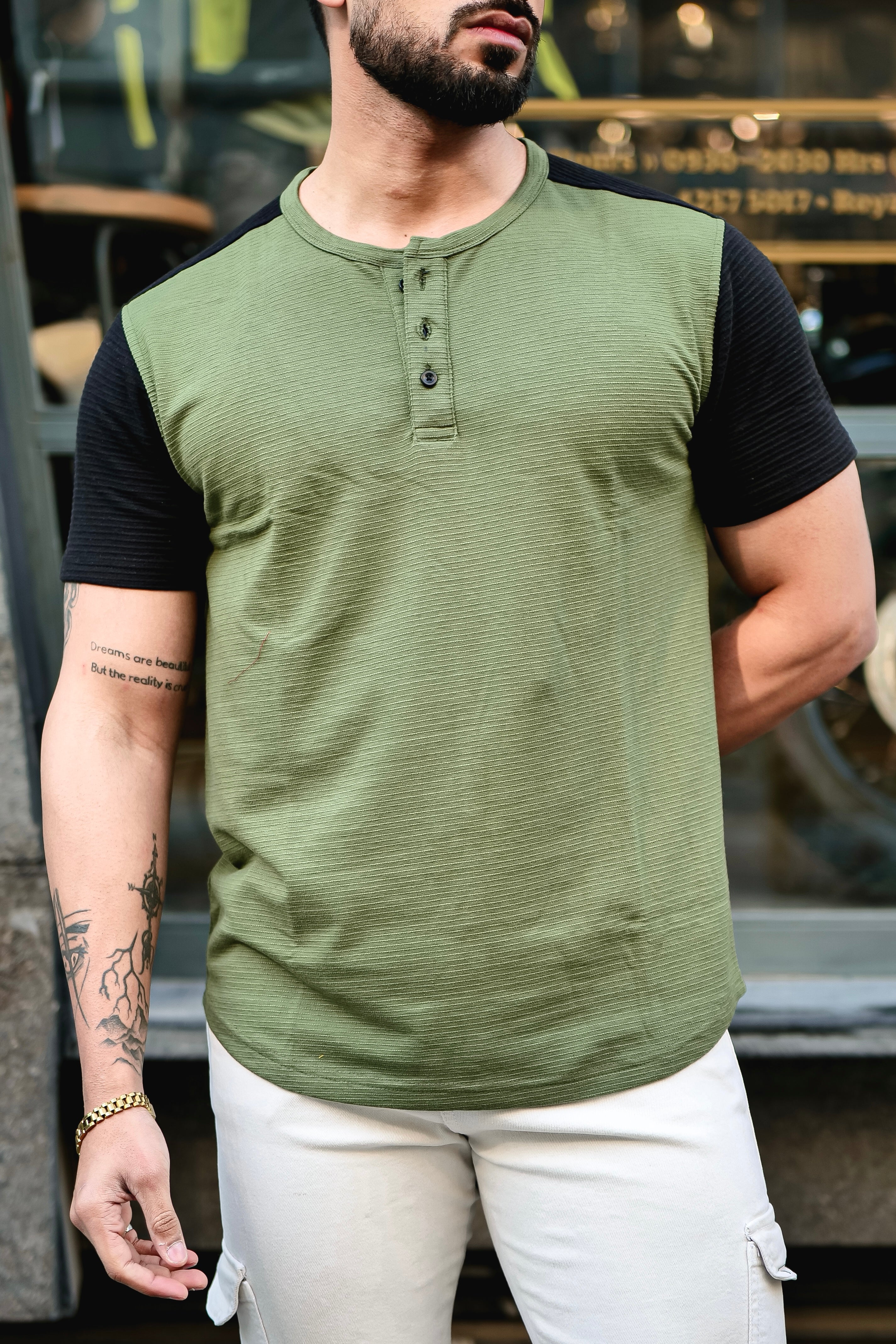 Olive Self Design Colorblock Half Sleeve T-Shirt