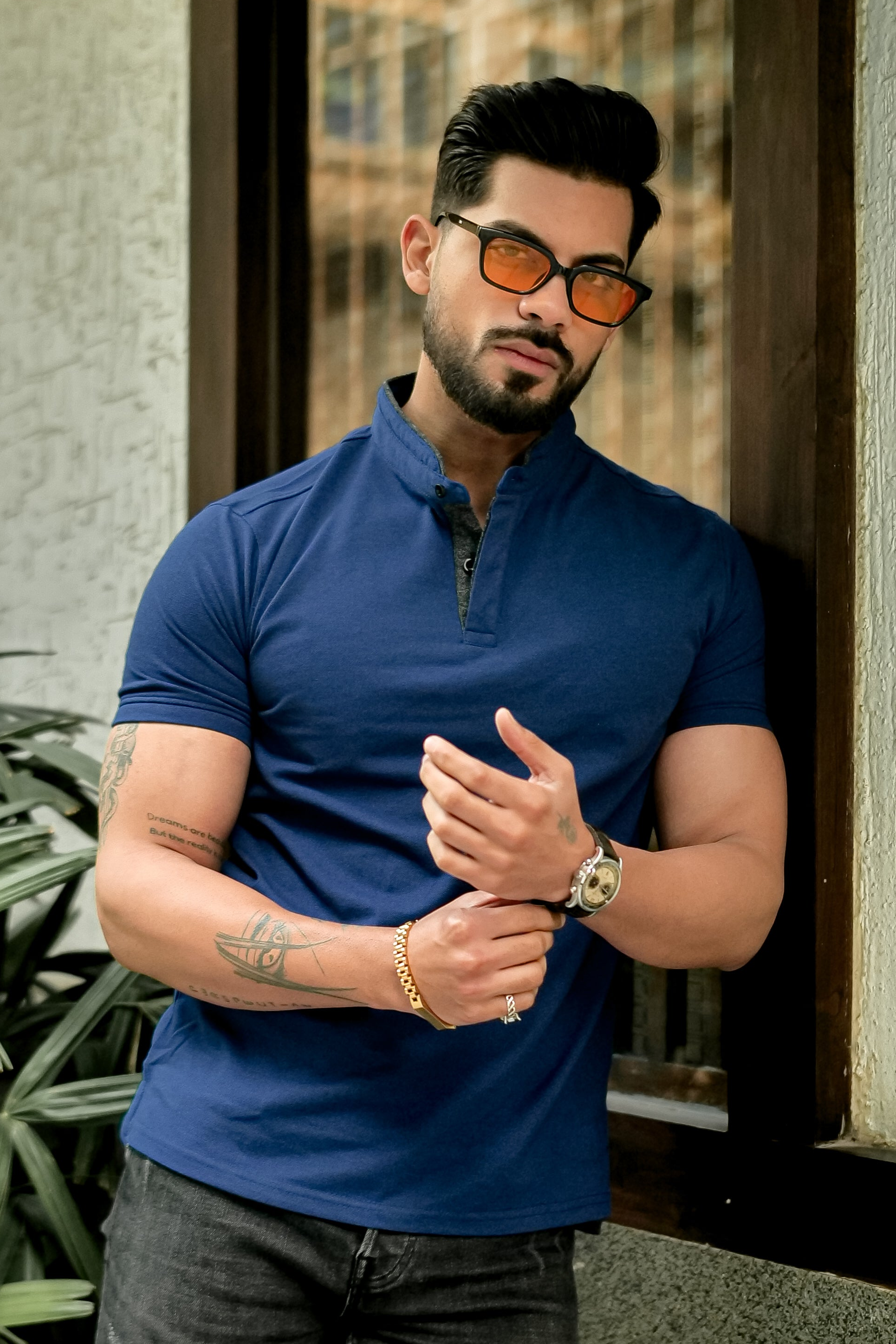 Royal Blue Mandarin Collar Tinted Fabric Henley T-Shirt