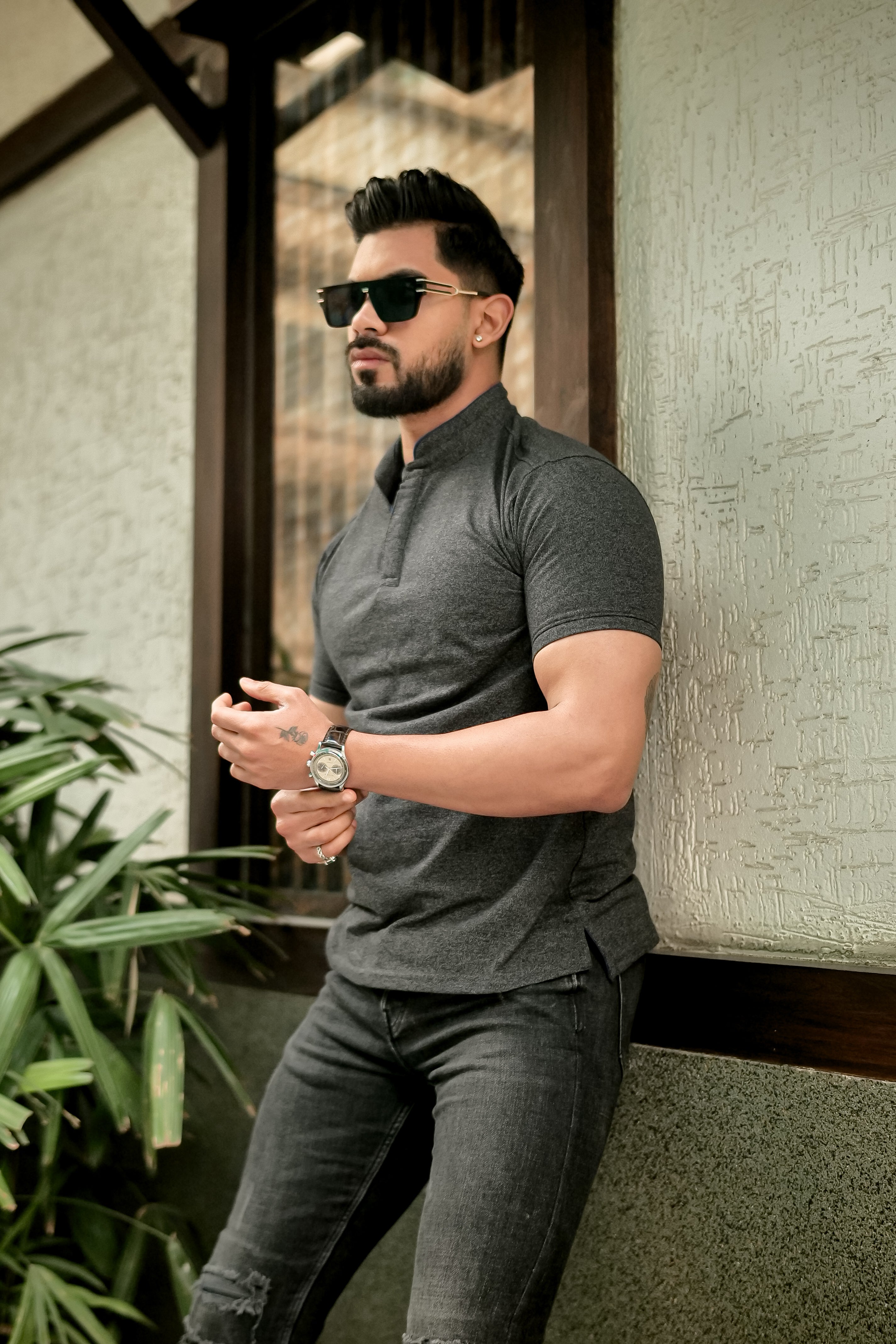 Dark Grey Mandarin Collar Tinted Fabric Henley T-Shirt