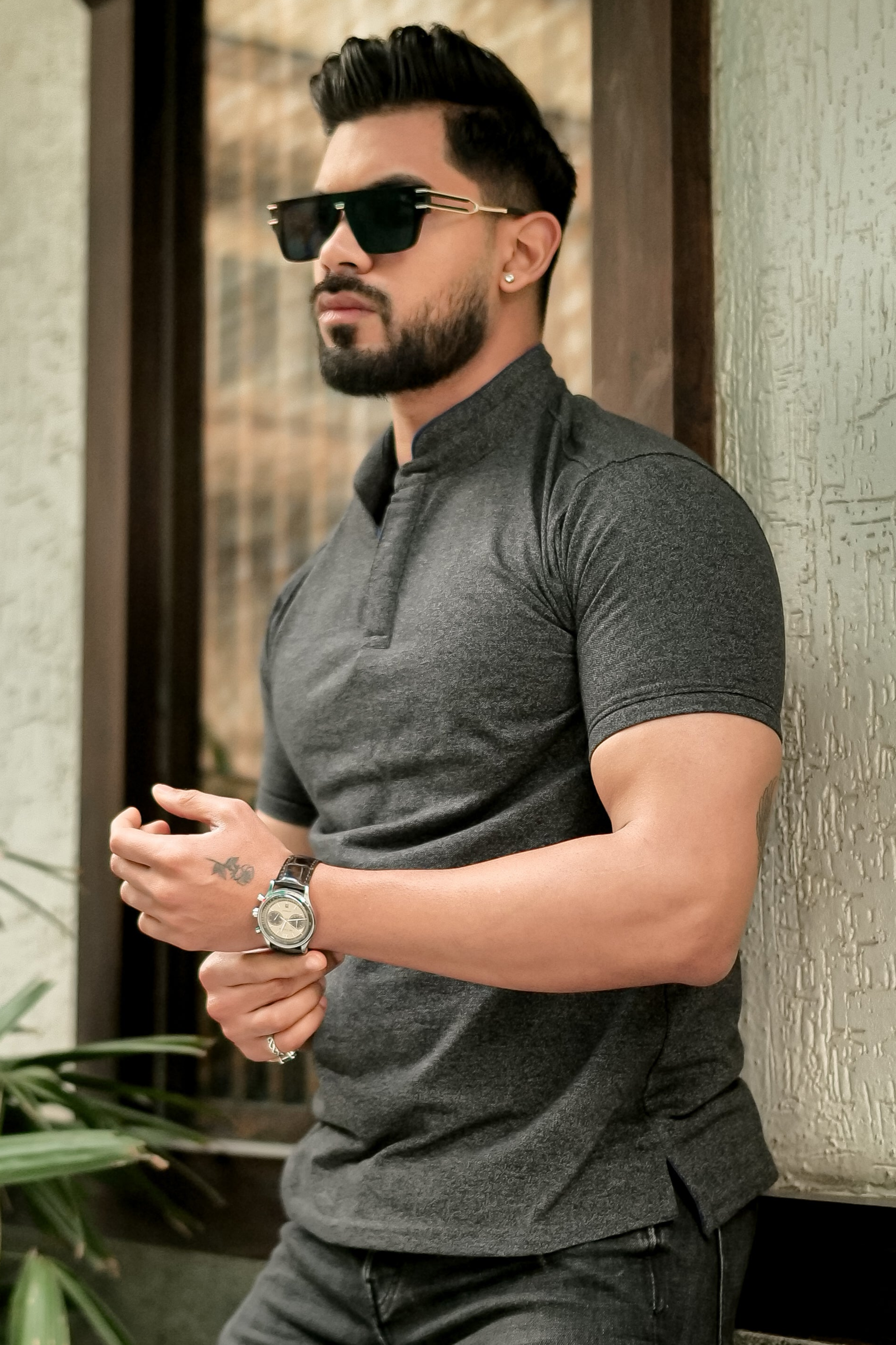 Dark Grey Mandarin Collar Tinted Fabric Henley T-Shirt