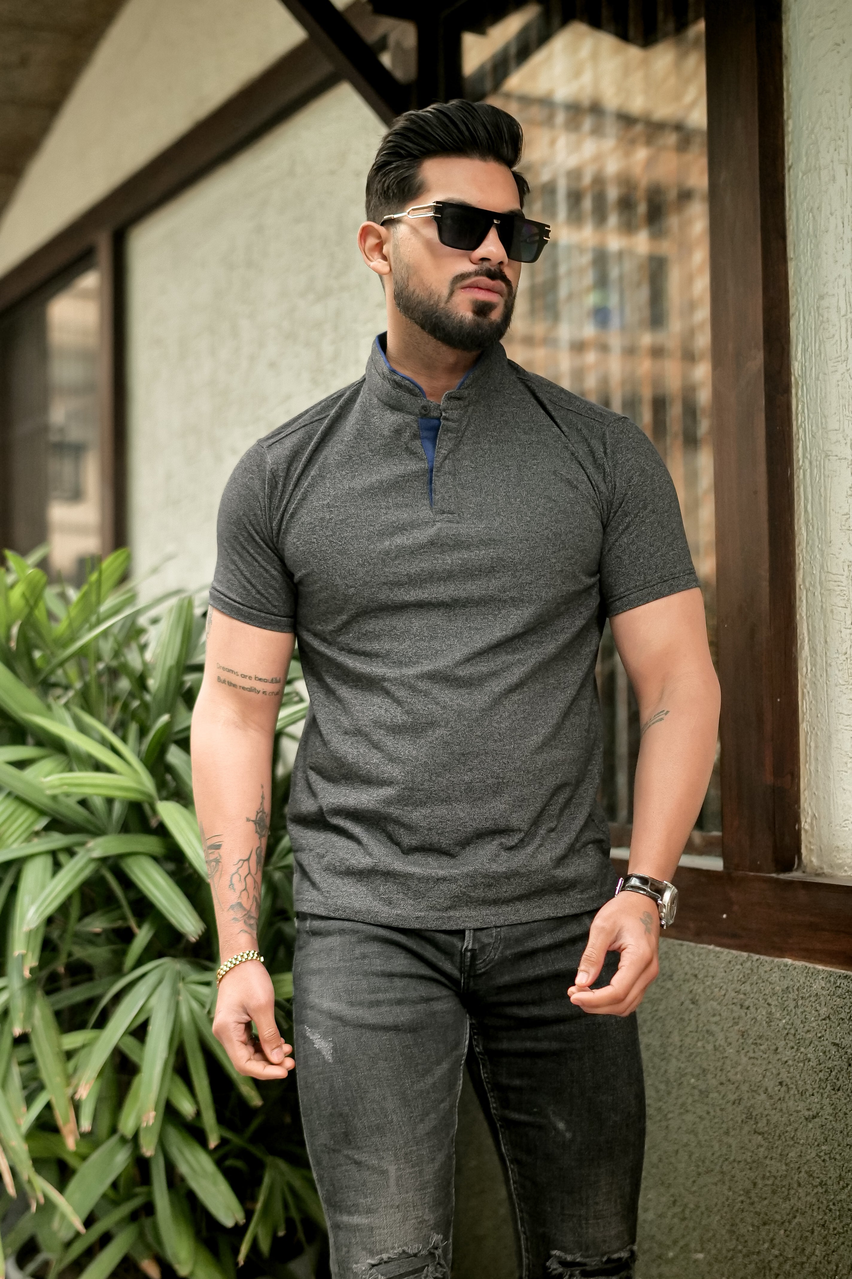 Dark Grey Mandarin Collar Tinted Fabric Henley T-Shirt